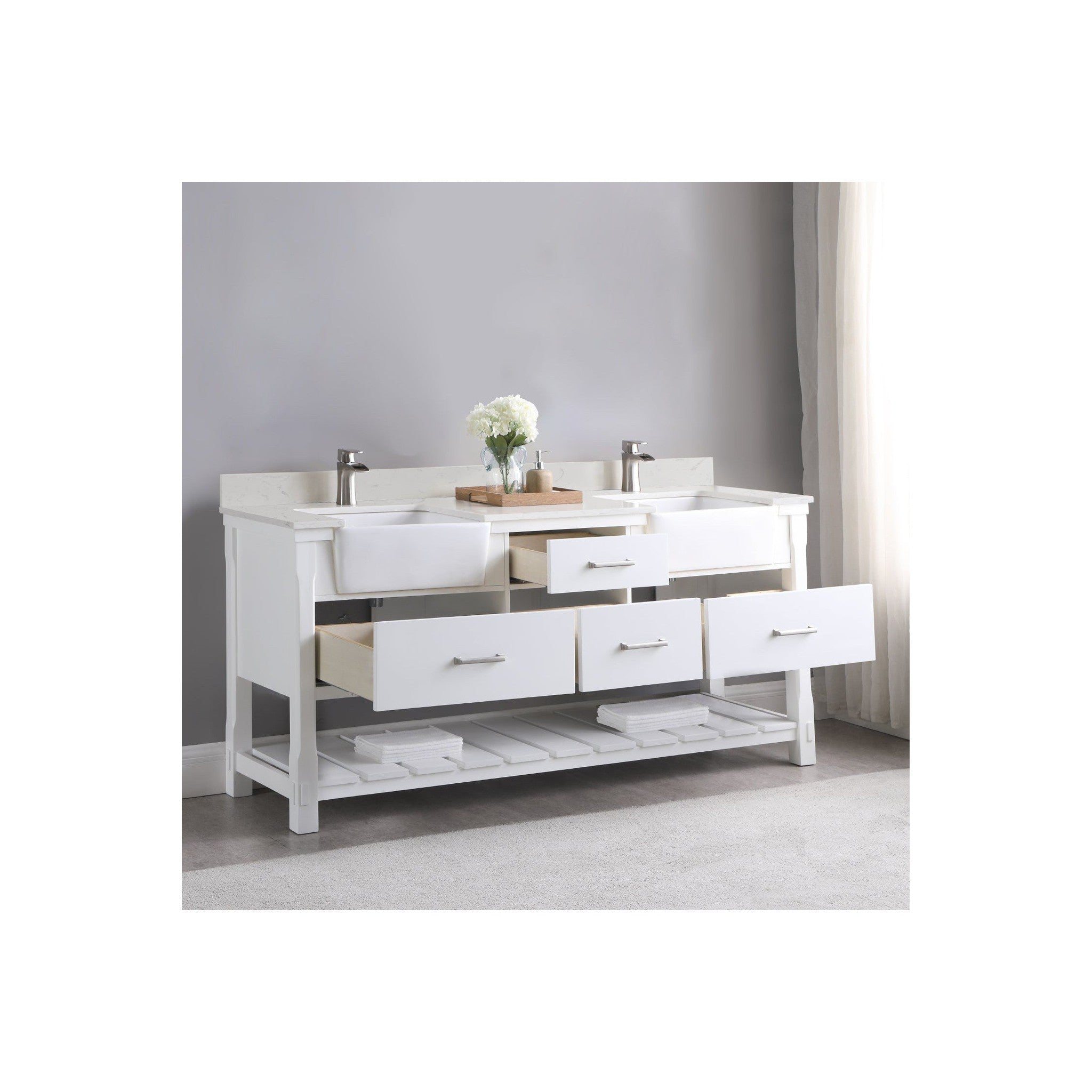 Georgia 72" Double Bathroom Vanity Set in White and Composite Carrara White Stone Top with White Farmhouse Basin without Mirror