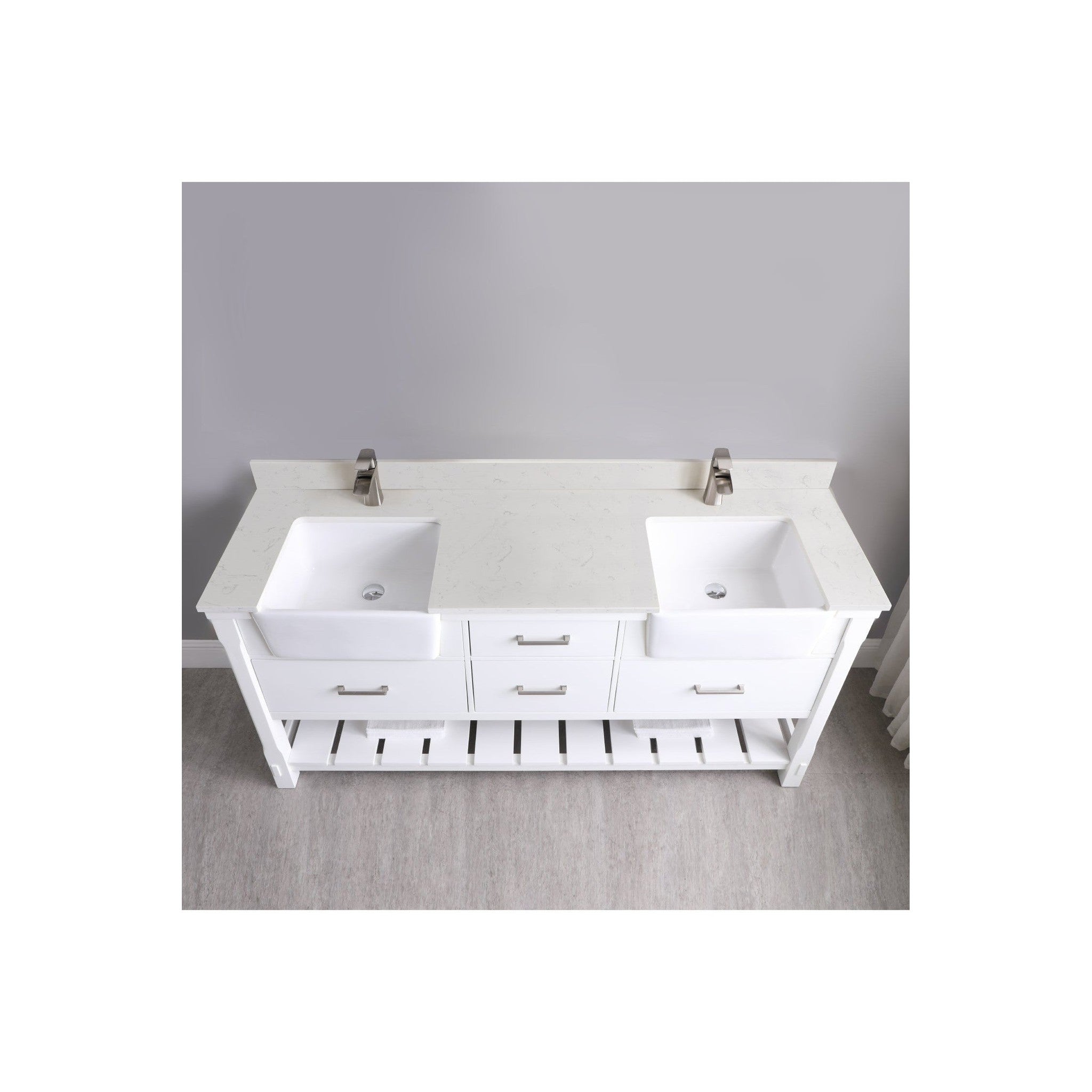 Georgia 72" Double Bathroom Vanity Set in White and Composite Carrara White Stone Top with White Farmhouse Basin without Mirror