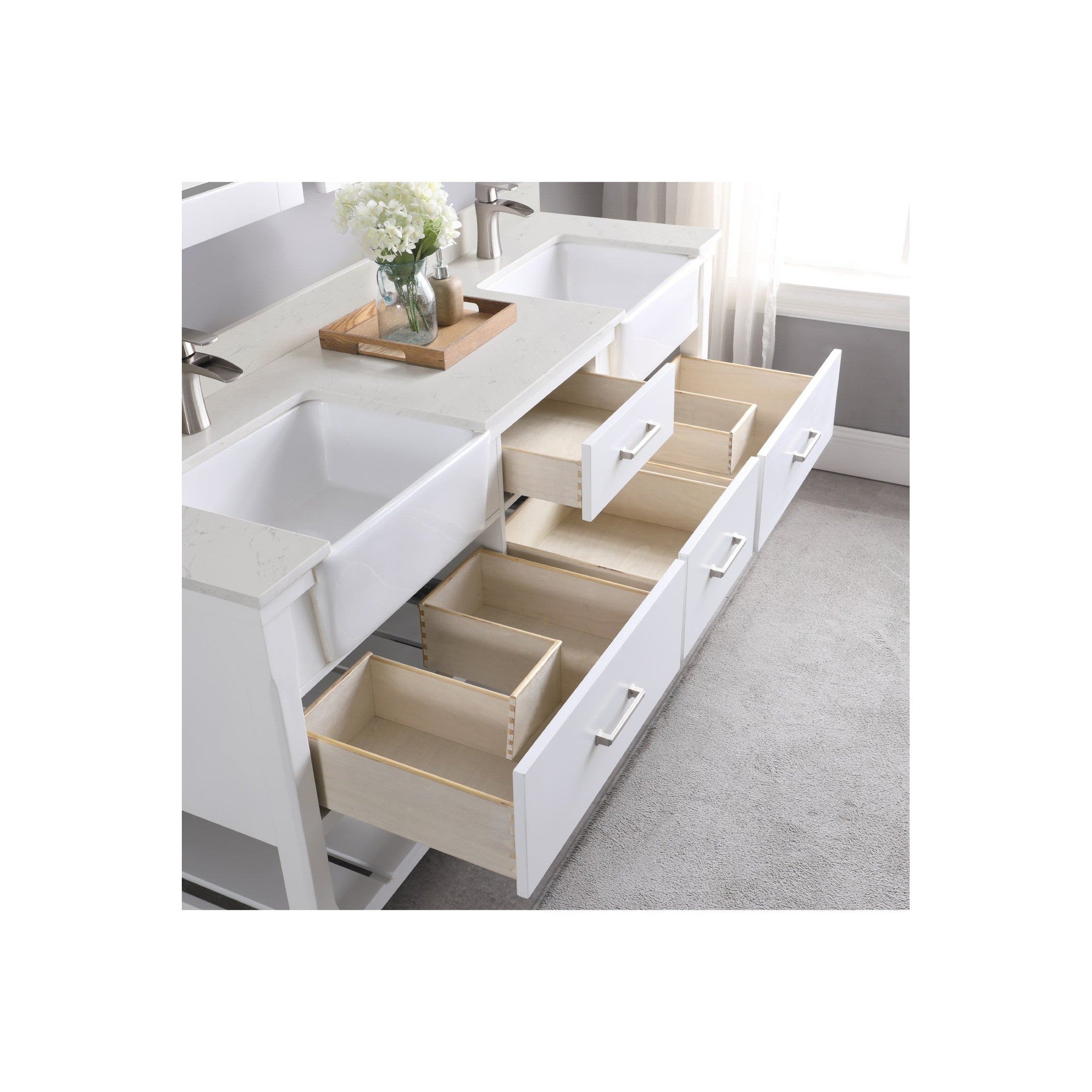 Georgia 72" Double Bathroom Vanity Set in White and Composite Carrara White Stone Top with White Farmhouse Basin without Mirror