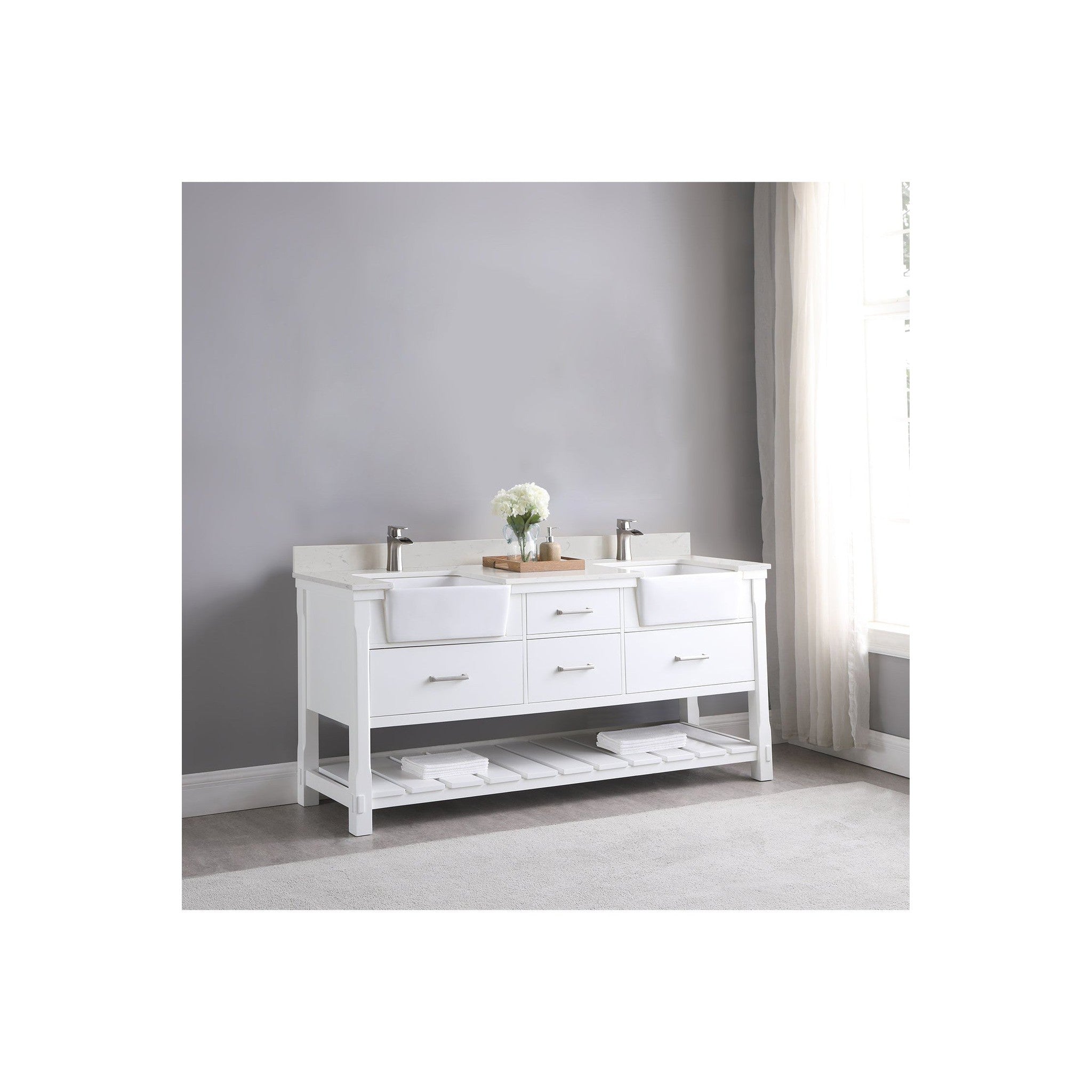 Georgia 72" Double Bathroom Vanity Set in White and Composite Carrara White Stone Top with White Farmhouse Basin without Mirror