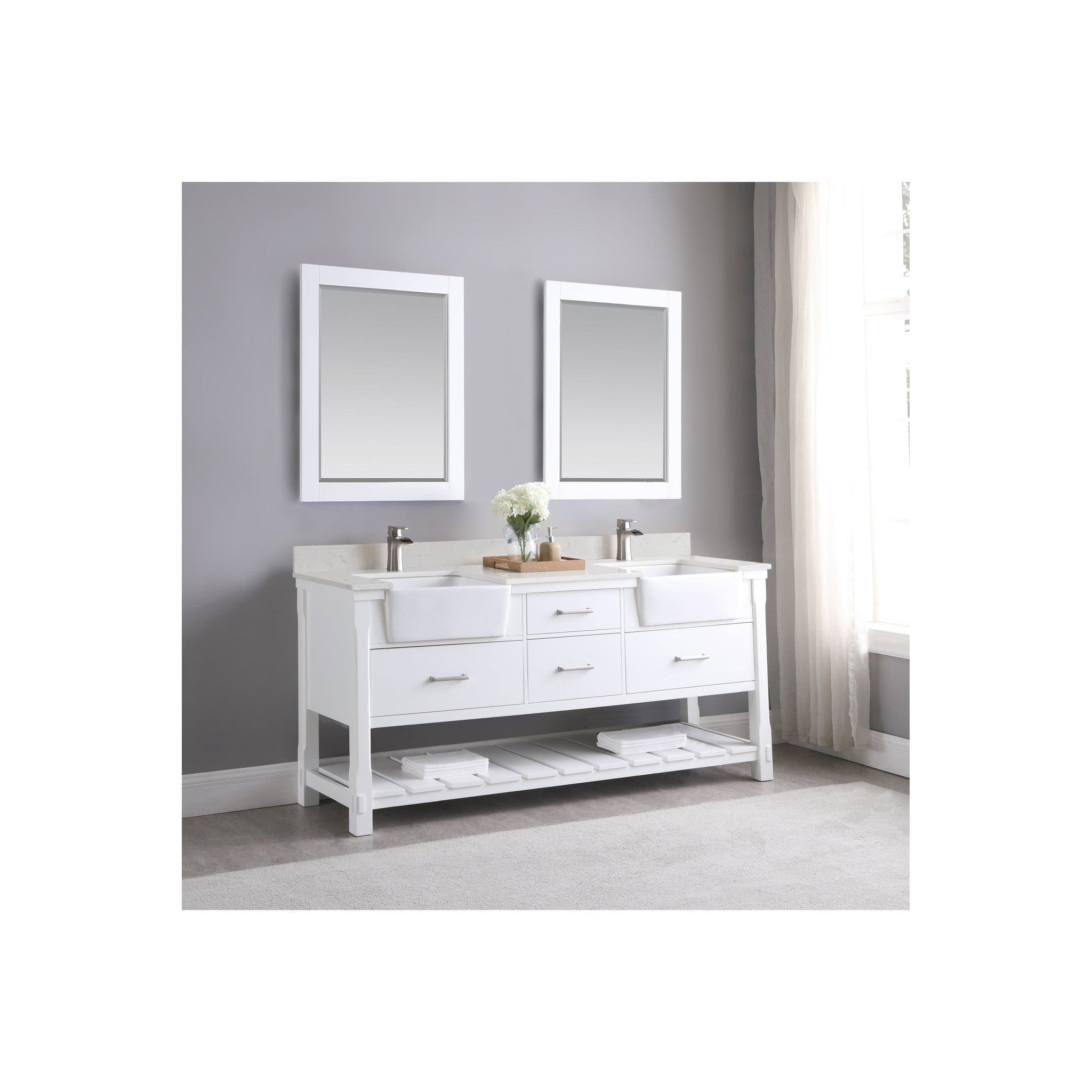 Georgia 72" Double Bathroom Vanity Set in White and Composite Carrara White Stone Top with White Farmhouse Basin with Mirror