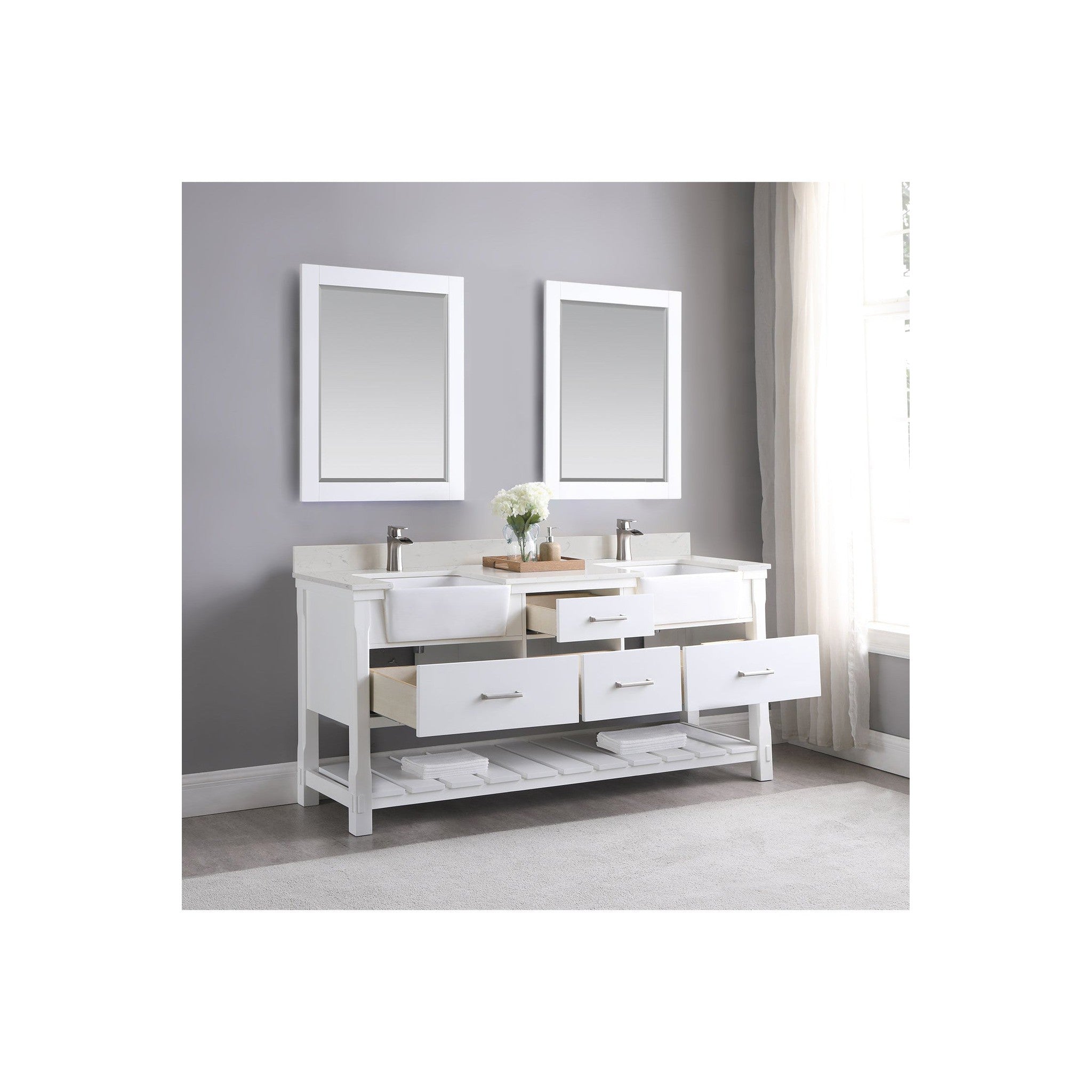 Georgia 72" Double Bathroom Vanity Set in White and Composite Carrara White Stone Top with White Farmhouse Basin with Mirror