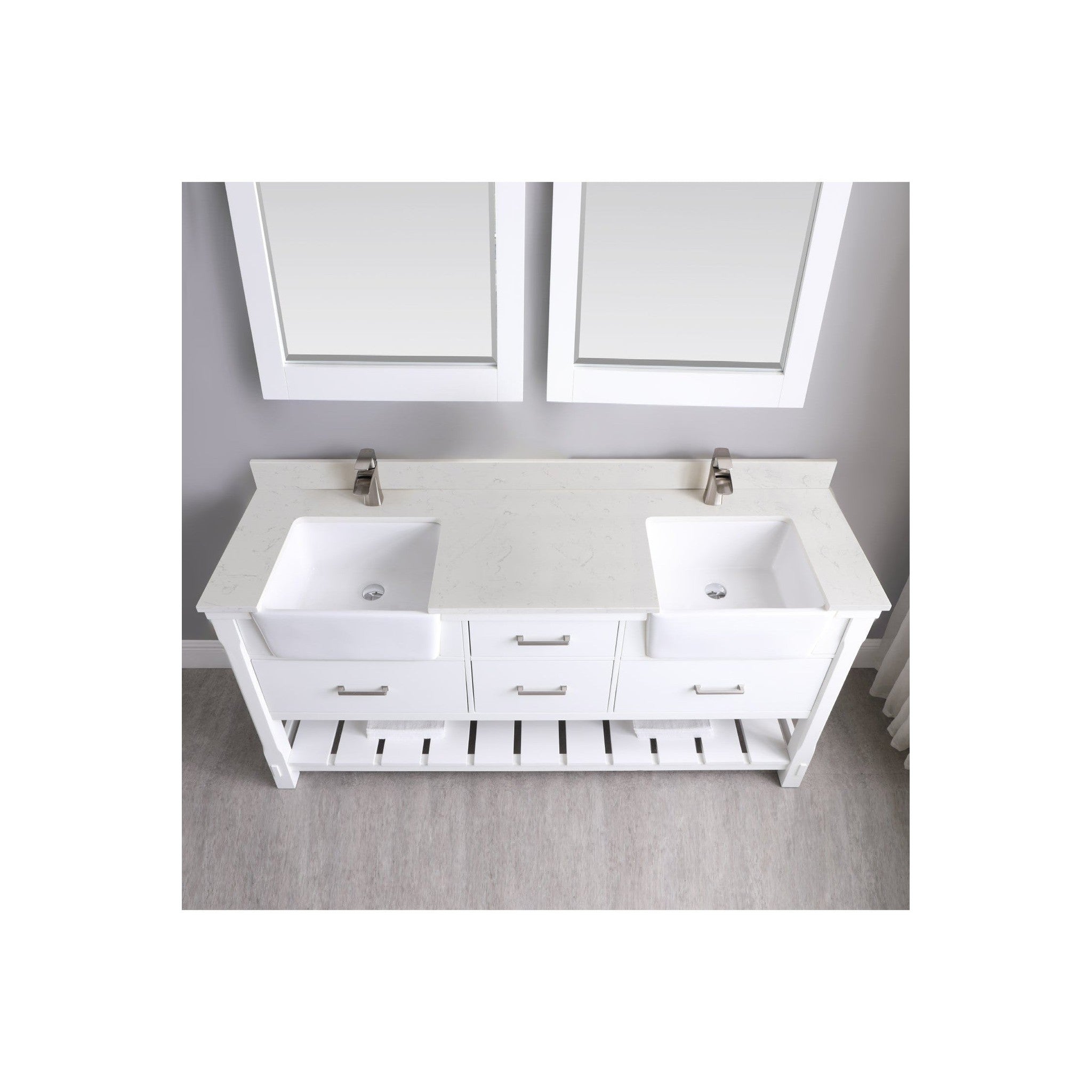 Georgia 72" Double Bathroom Vanity Set in White and Composite Carrara White Stone Top with White Farmhouse Basin with Mirror