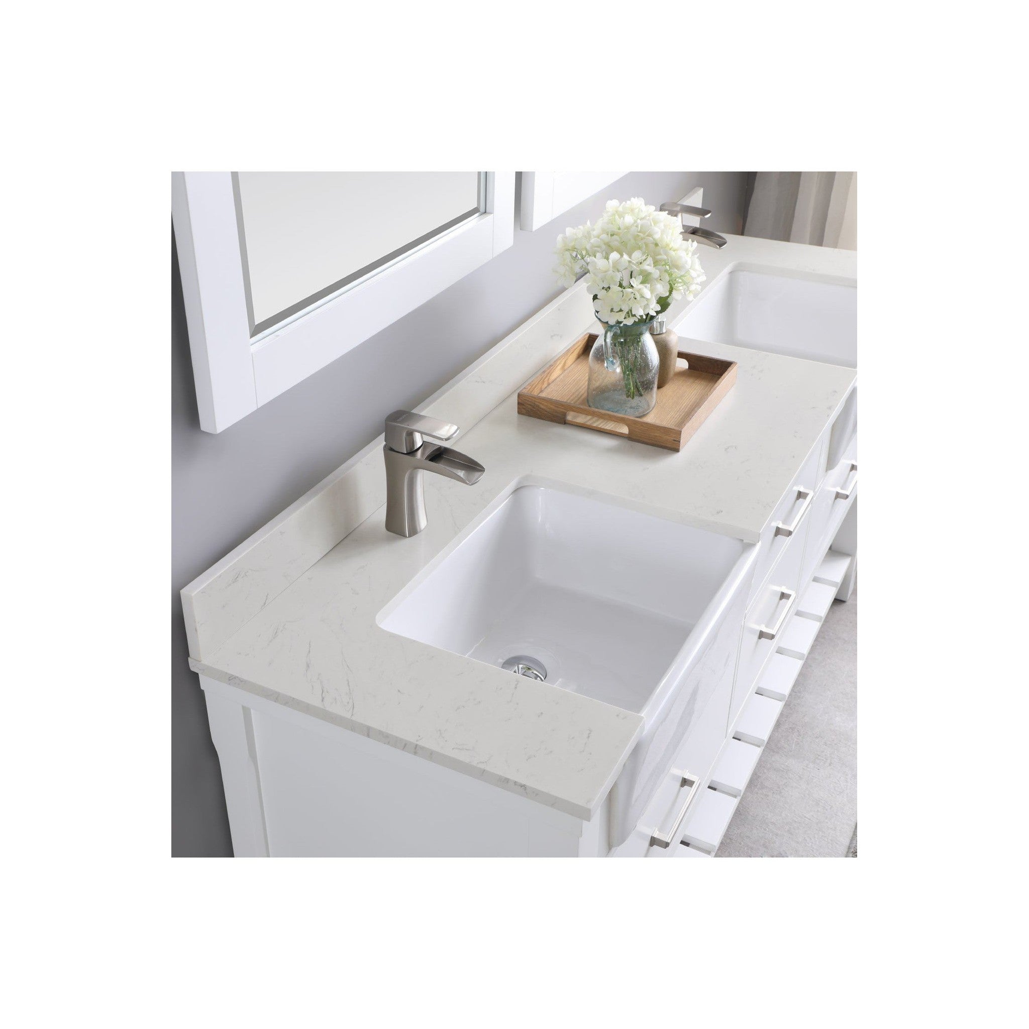 Georgia 72" Double Bathroom Vanity Set in White and Composite Carrara White Stone Top with White Farmhouse Basin with Mirror