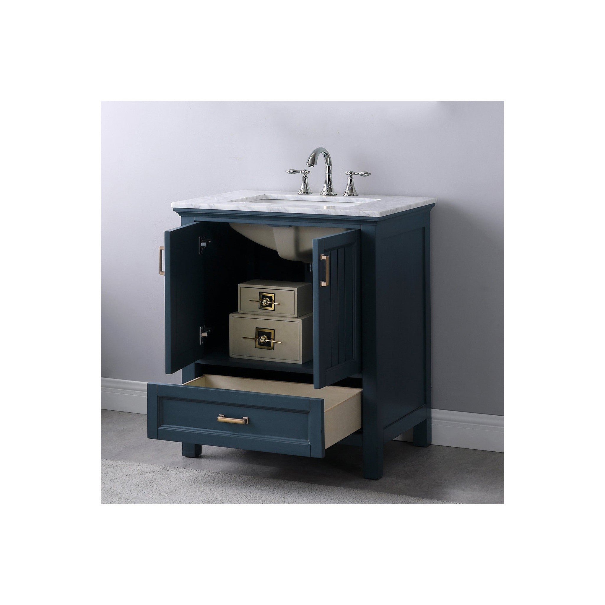 Isla 30" Single Bathroom Vanity Set in Classic Blue and Carrara White Marble Countertop without Mirror