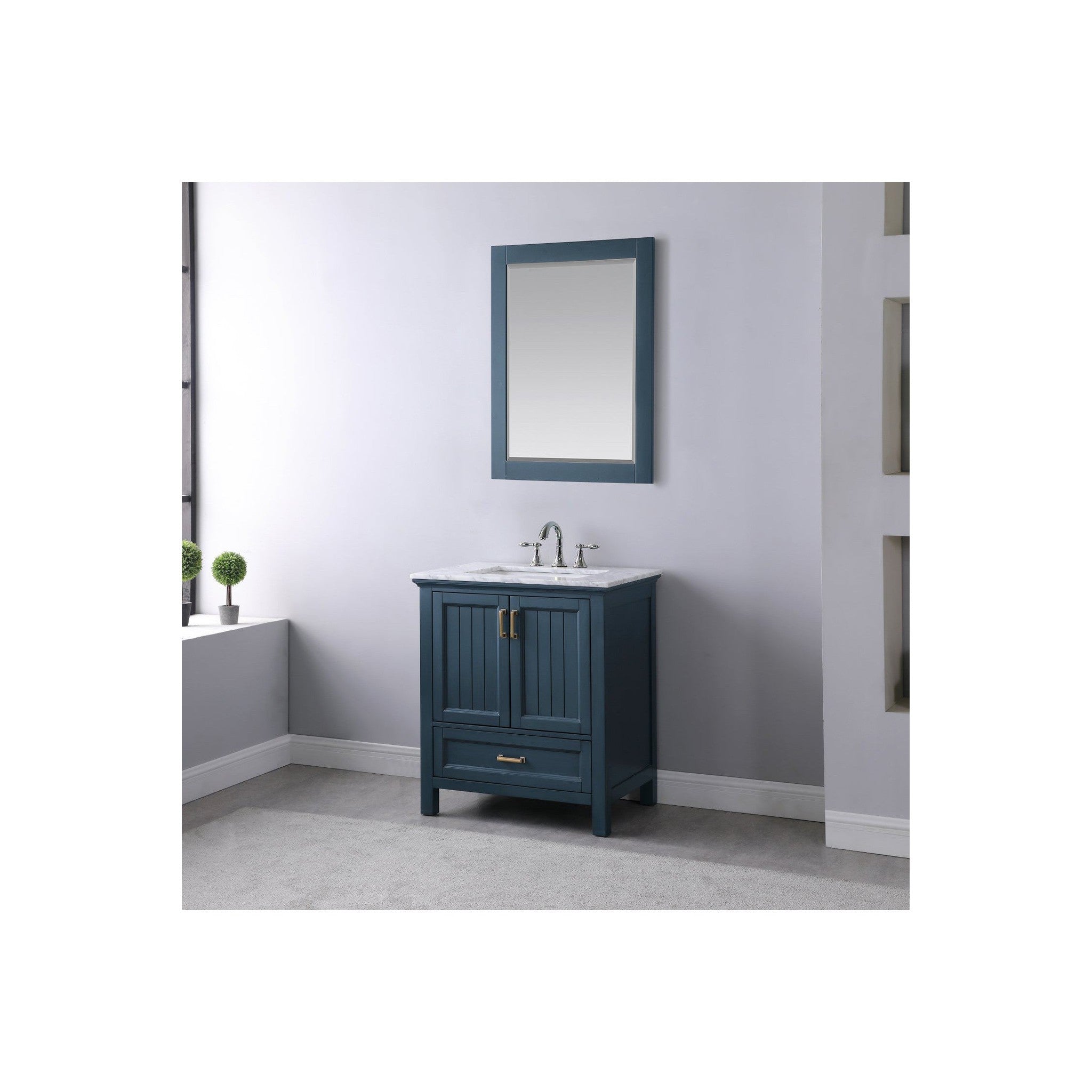 Isla 30" Single Bathroom Vanity Set in Classic Blue and Carrara White Marble Countertop with Mirror