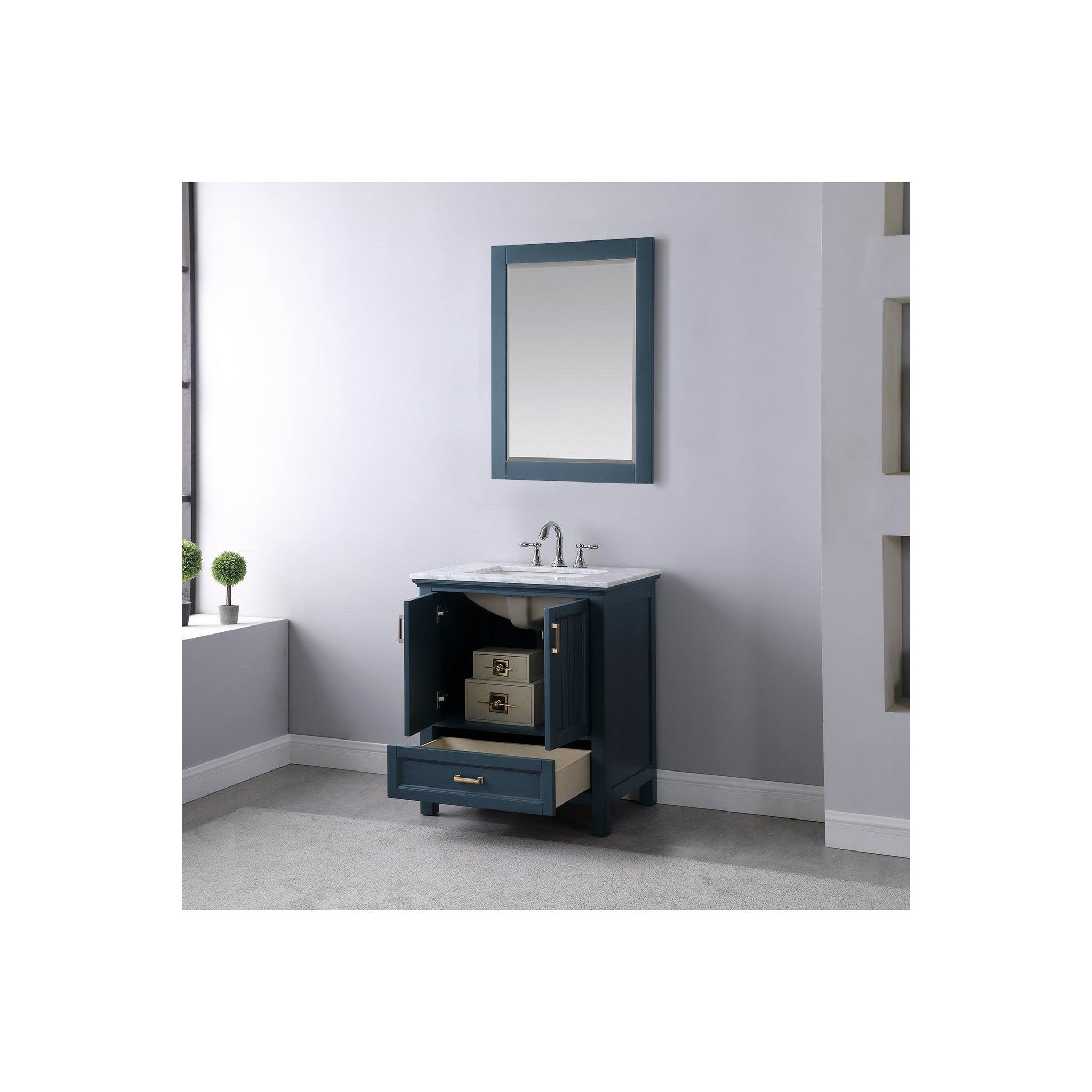 Isla 30" Single Bathroom Vanity Set in Classic Blue and Carrara White Marble Countertop with Mirror
