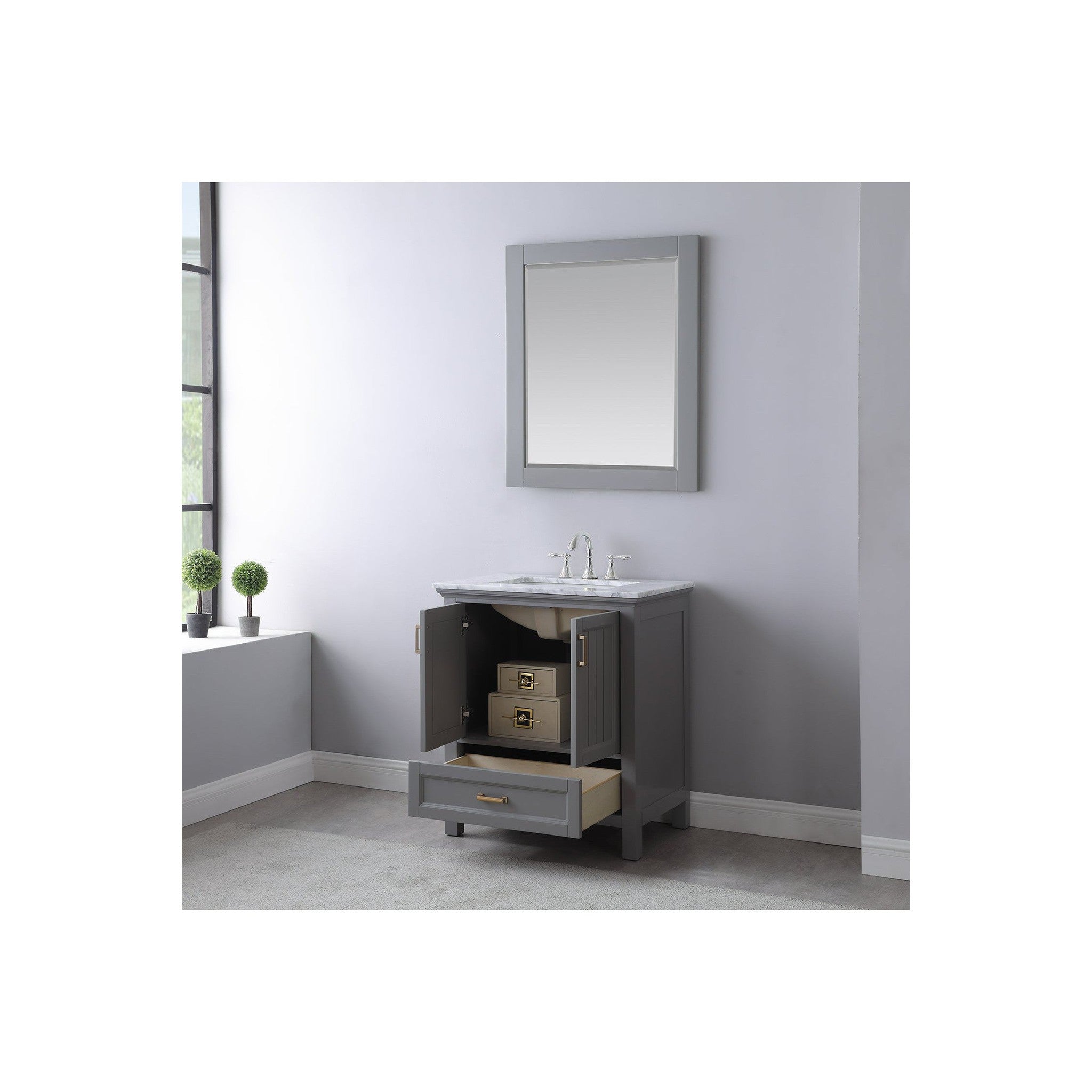 Isla 30" Single Bathroom Vanity Set in Gray and Carrara White Marble Countertop with Mirror