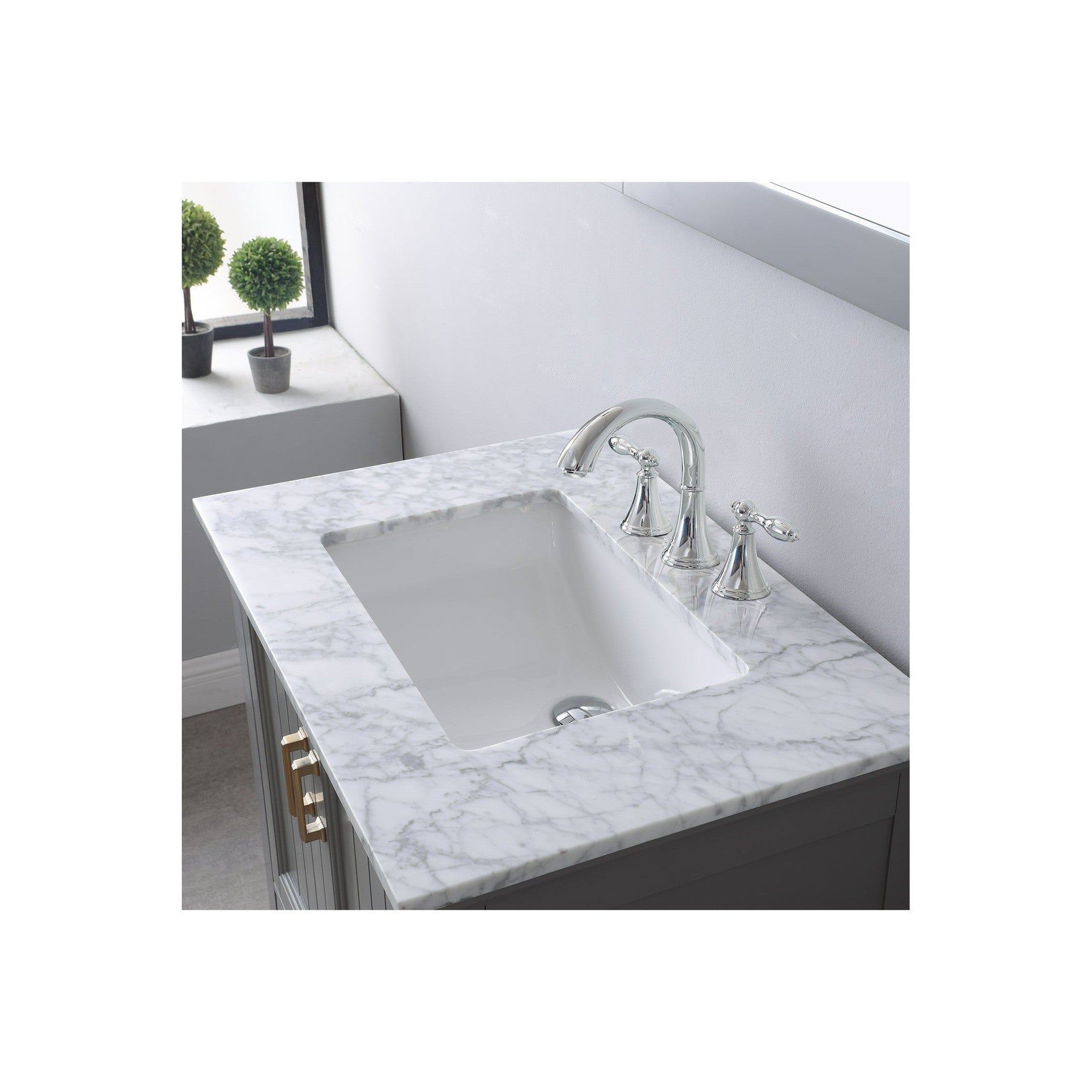 Isla 30" Single Bathroom Vanity Set in Gray and Carrara White Marble Countertop with Mirror