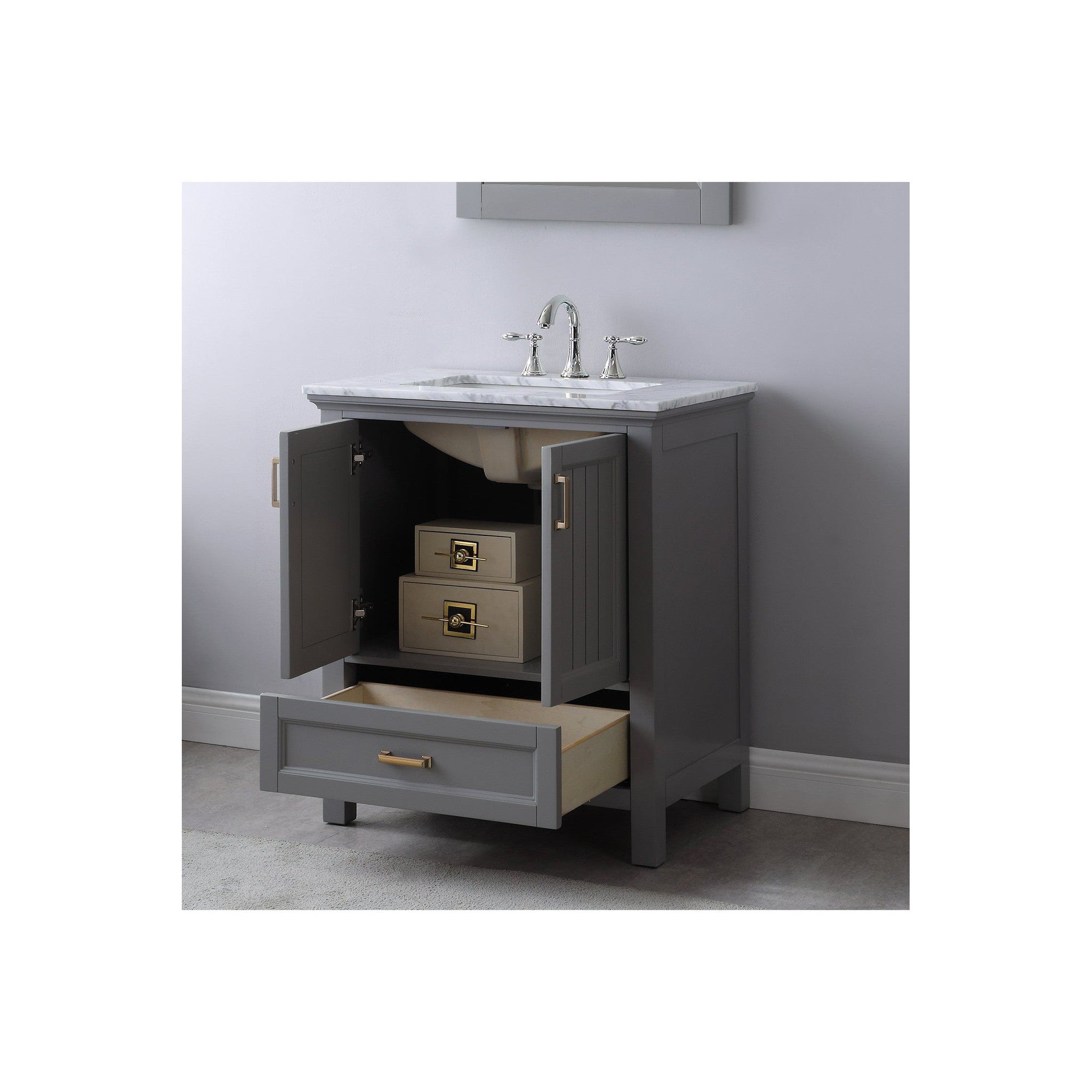 Isla 30" Single Bathroom Vanity Set in Gray and Carrara White Marble Countertop with Mirror