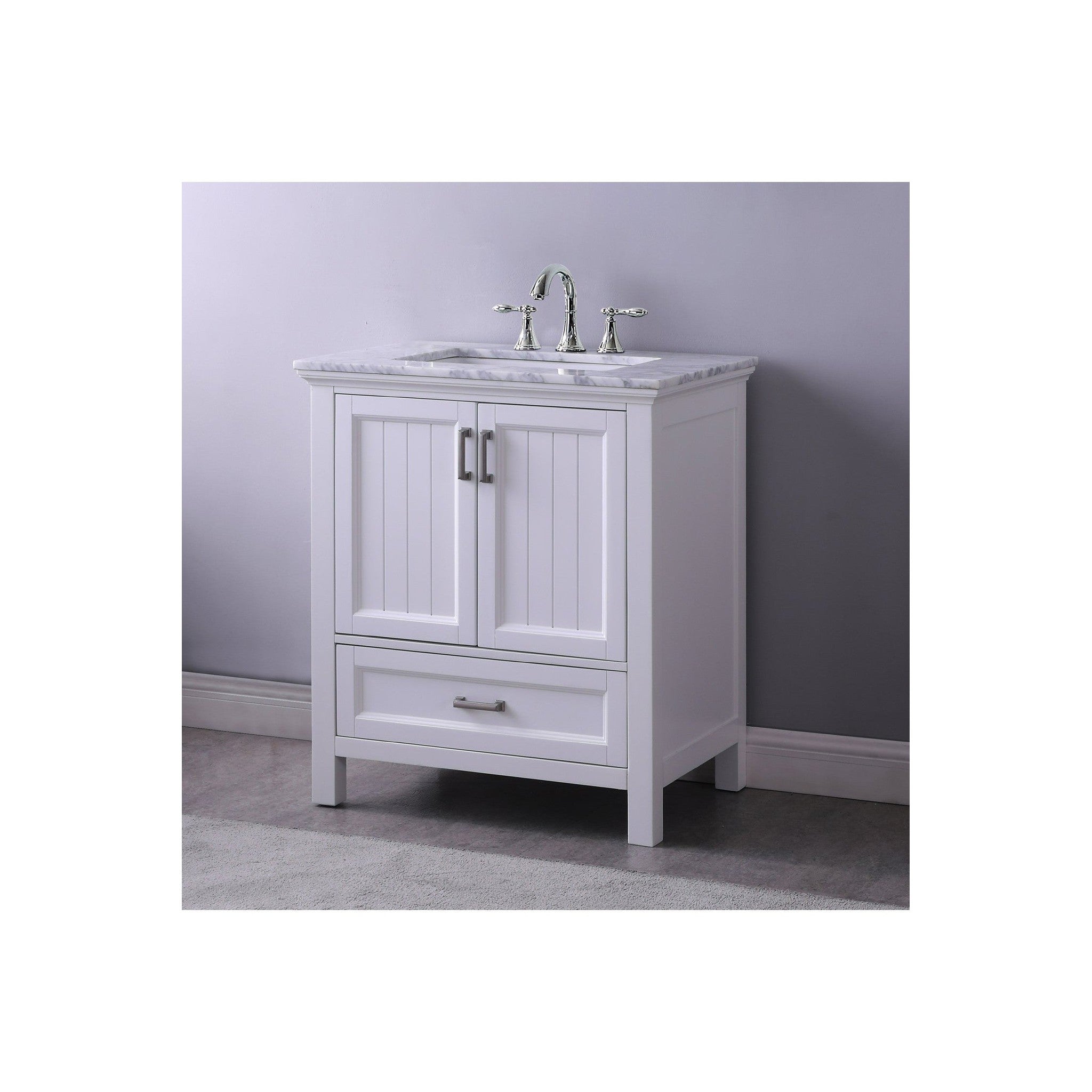 Isla 30" Single Bathroom Vanity Set in White and Carrara White Marble Countertop without Mirror