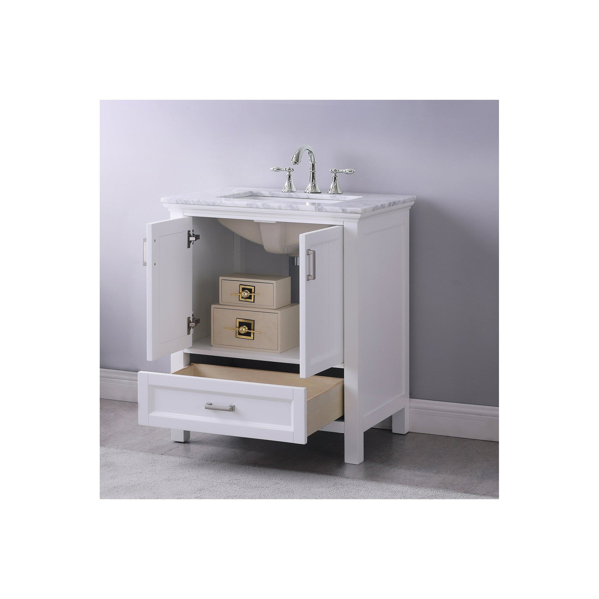 Isla 30" Single Bathroom Vanity Set in White and Carrara White Marble Countertop without Mirror