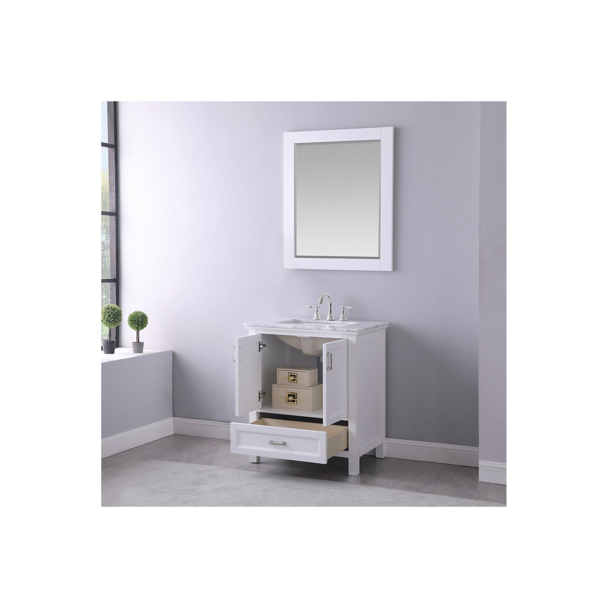 Isla 30" Single Bathroom Vanity Set in White and Carrara White Marble Countertop with Mirror