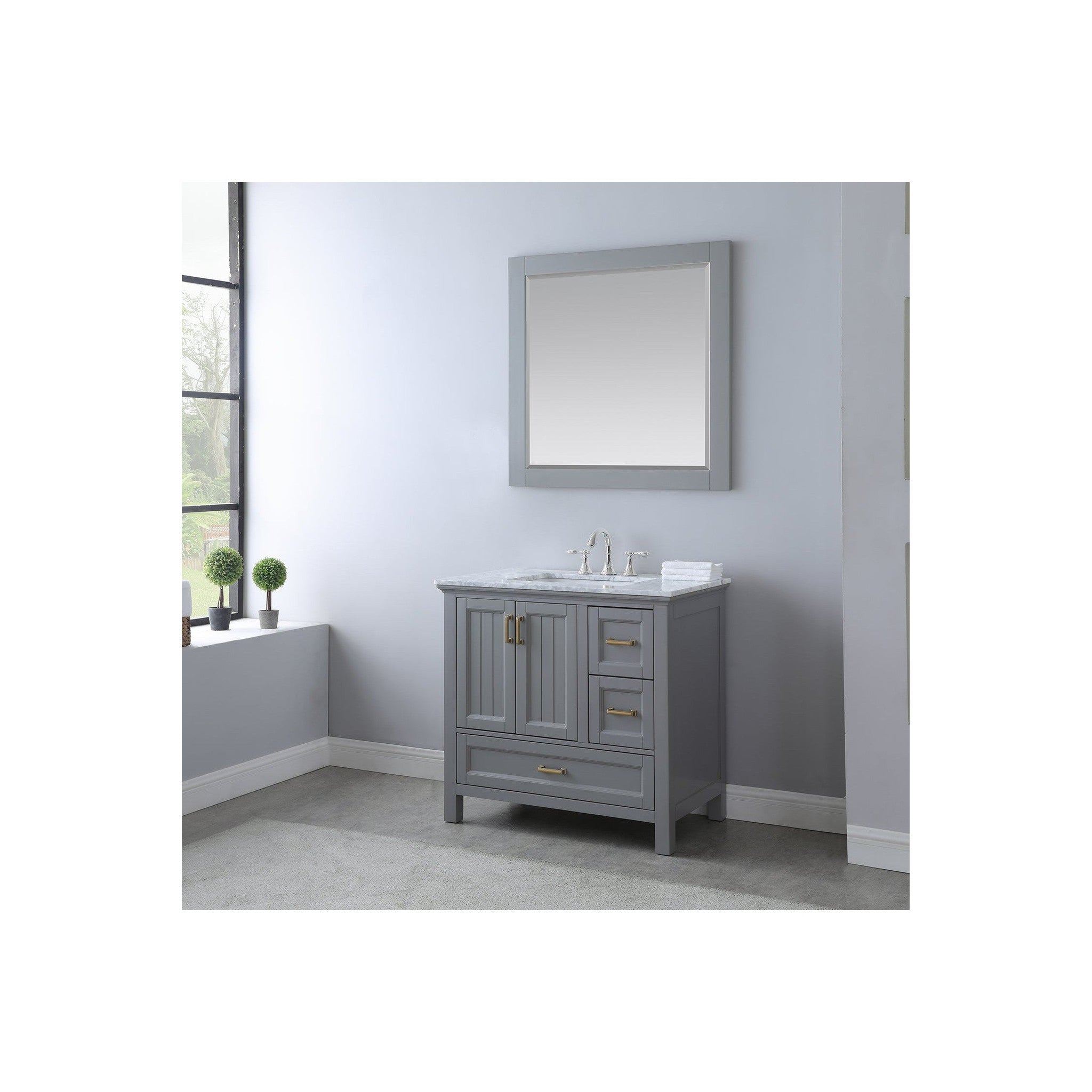 Isla 36" Single Bathroom Vanity Set in Gray and Carrara White Marble Countertop with Mirror