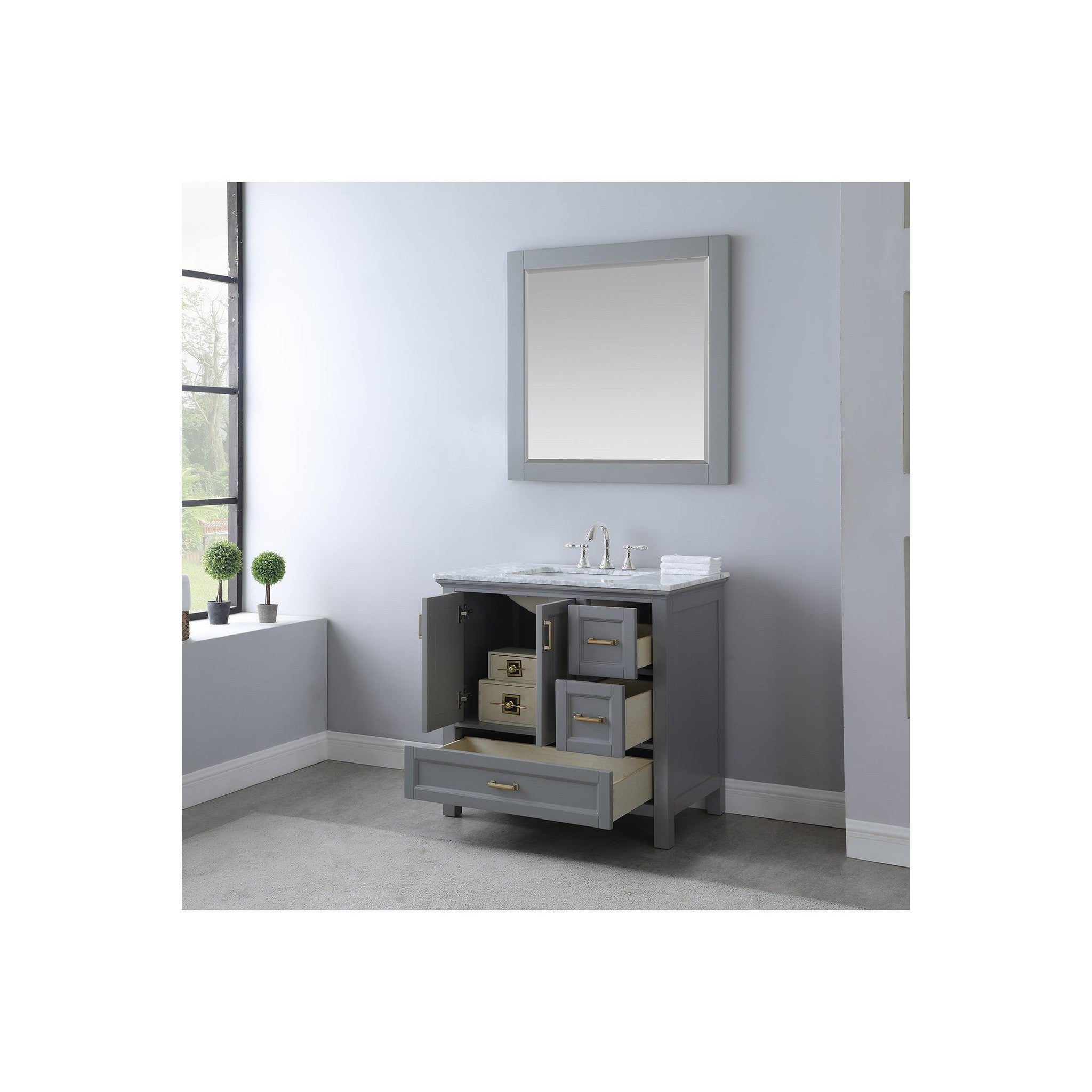Isla 36" Single Bathroom Vanity Set in Gray and Carrara White Marble Countertop with Mirror