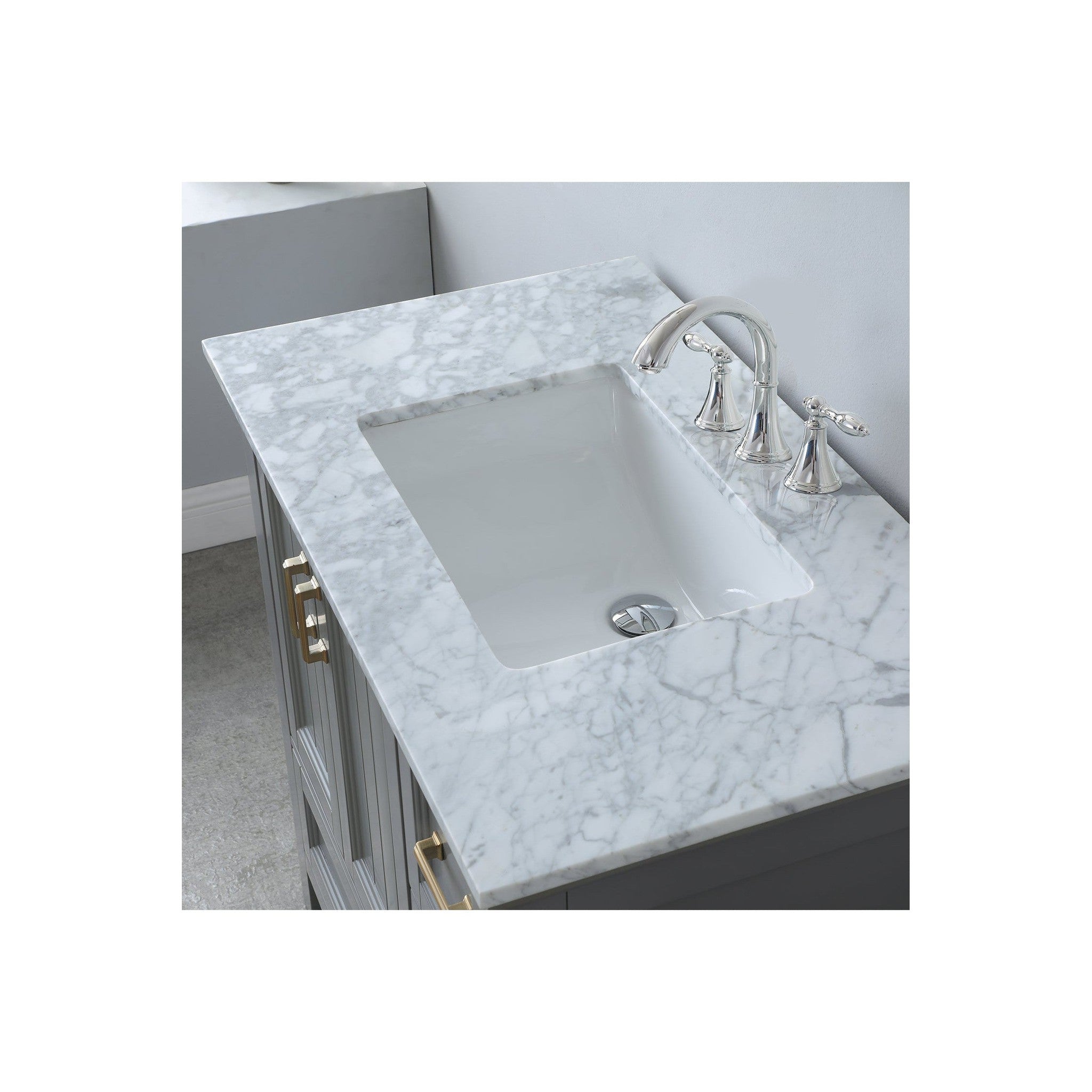 Isla 36" Single Bathroom Vanity Set in Gray and Carrara White Marble Countertop with Mirror