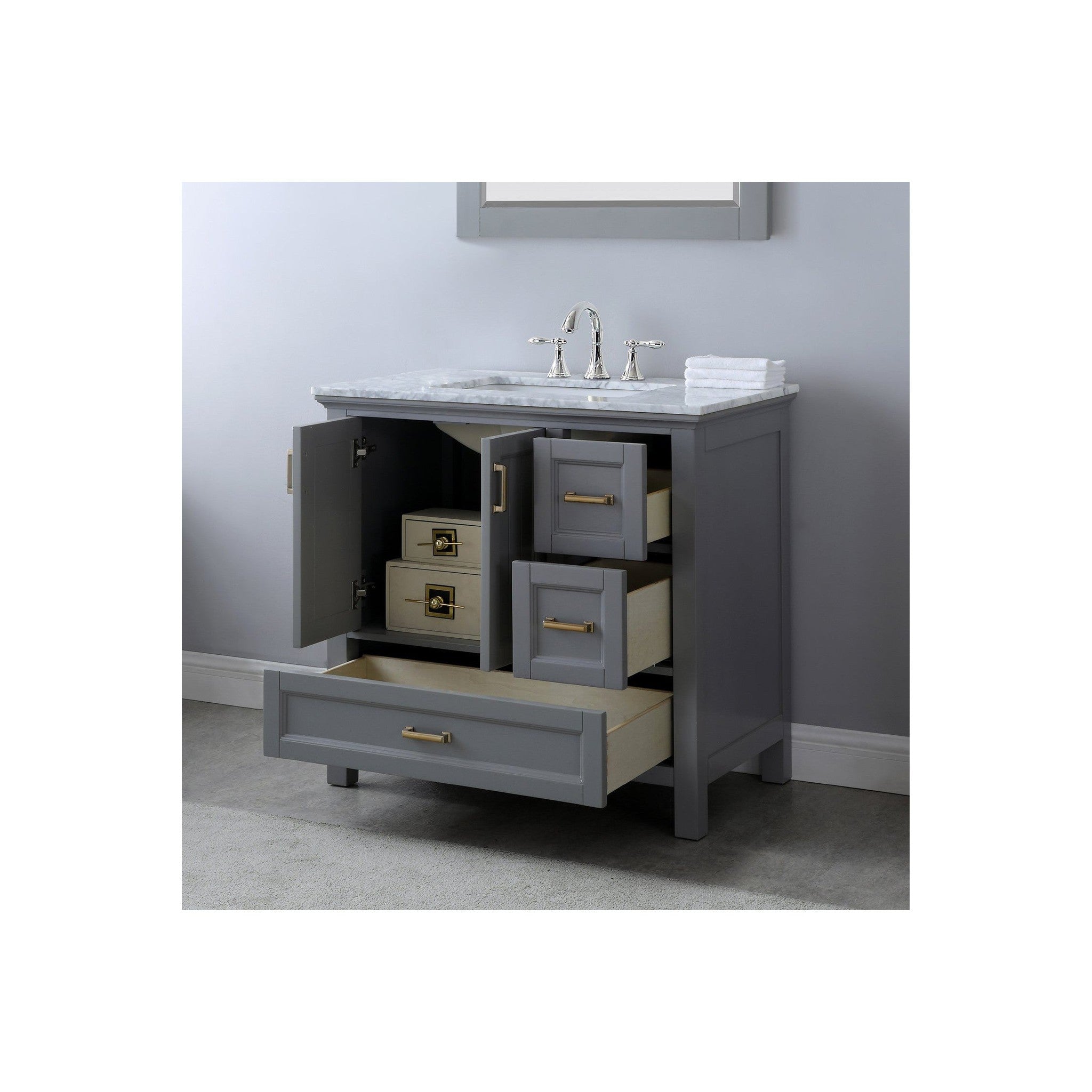 Isla 36" Single Bathroom Vanity Set in Gray and Carrara White Marble Countertop with Mirror