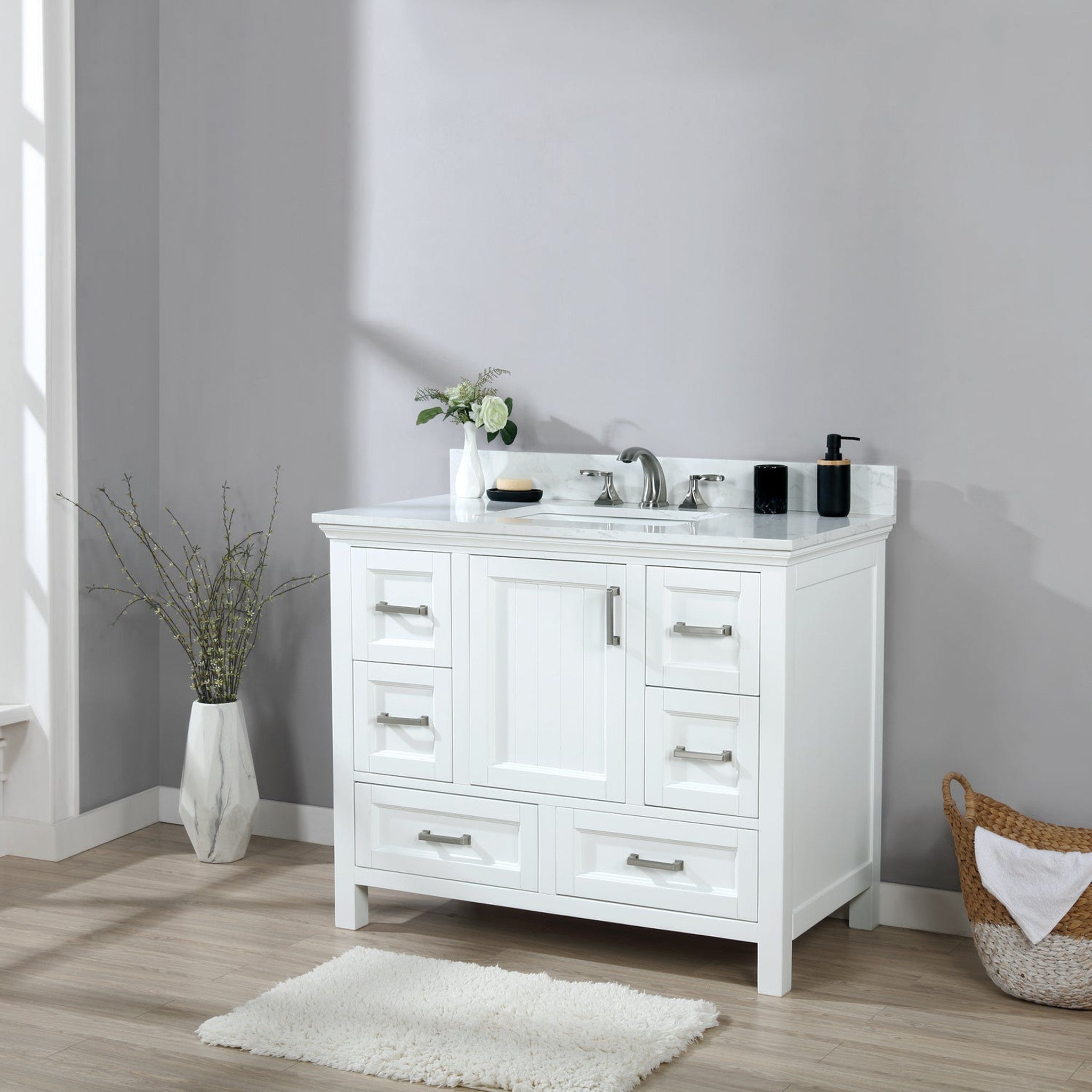 Isla 42" Single Bathroom Vanity Set in White and Carrara White Marble Countertop without Mirror