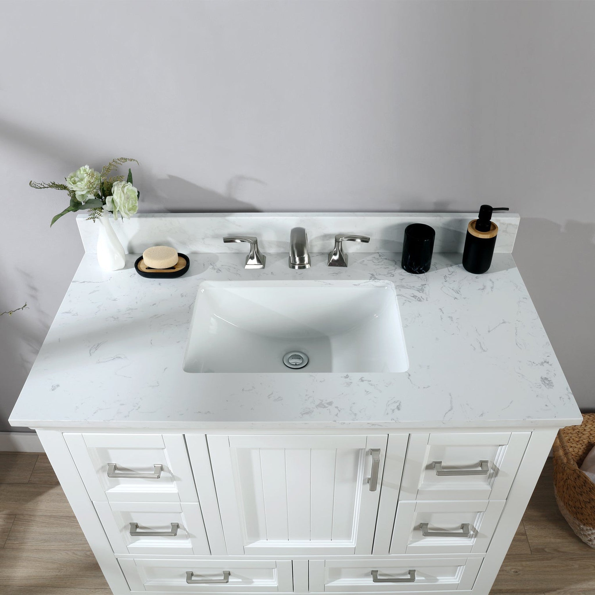 Isla 42" Single Bathroom Vanity Set in White and Carrara White Marble Countertop without Mirror