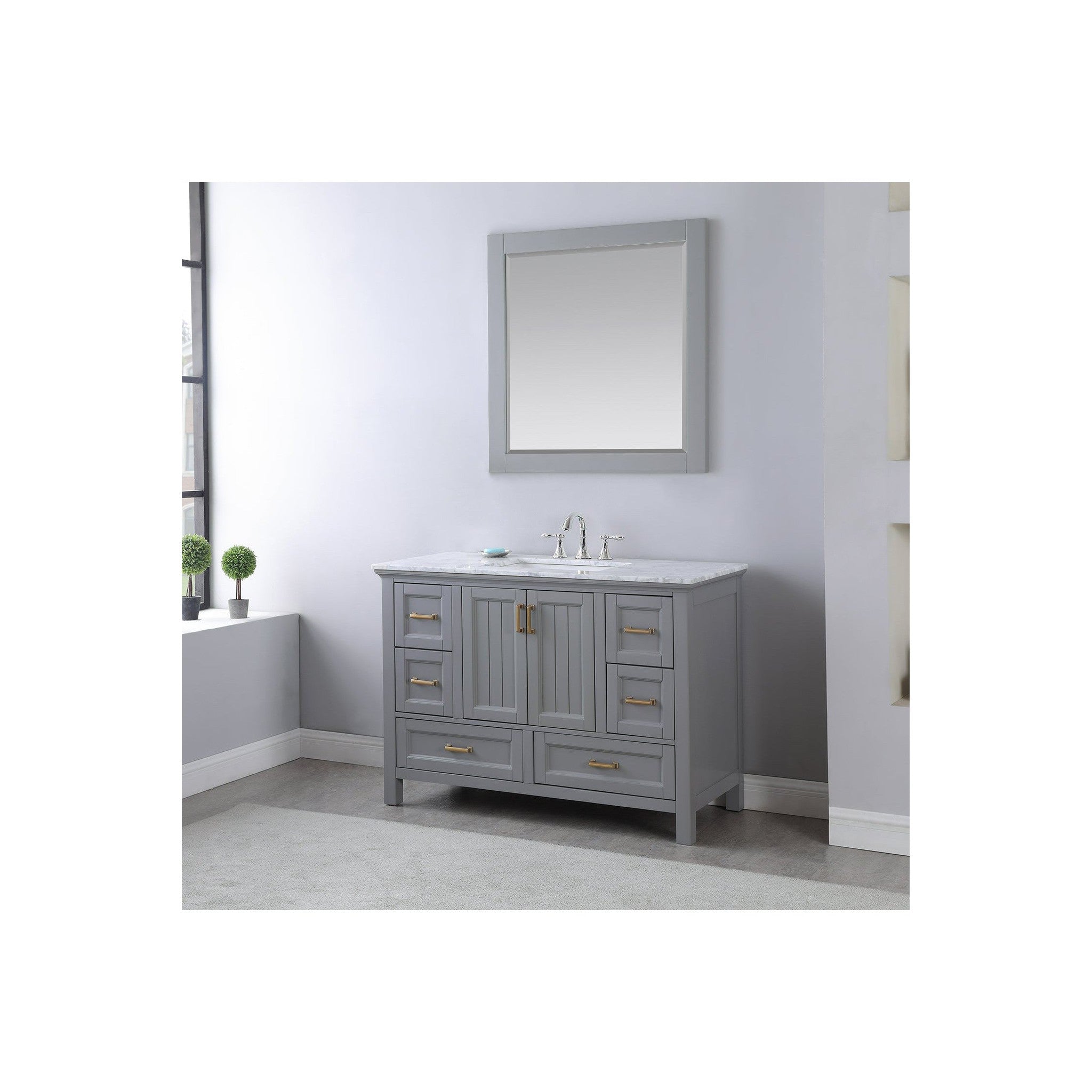 Isla 48" Single Bathroom Vanity Set in Gray and Carrara White Marble Countertop with Mirror