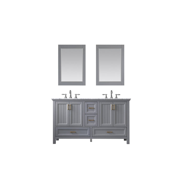 Isla 60" Double Bathroom Vanity Set in Gray and Carrara White Marble Countertop with Mirror