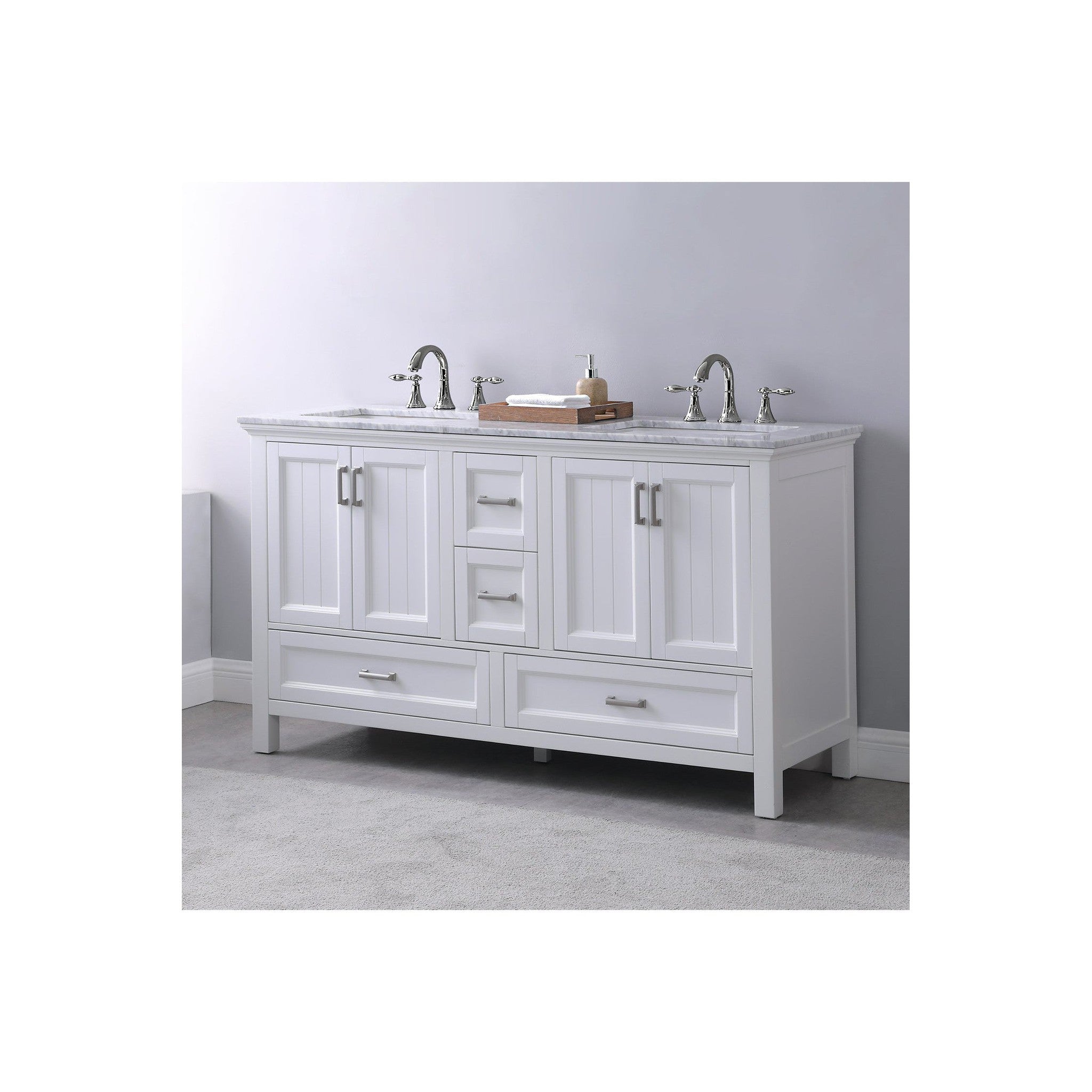Isla 60" Double Bathroom Vanity Set in White and Carrara White Marble Countertop without Mirror