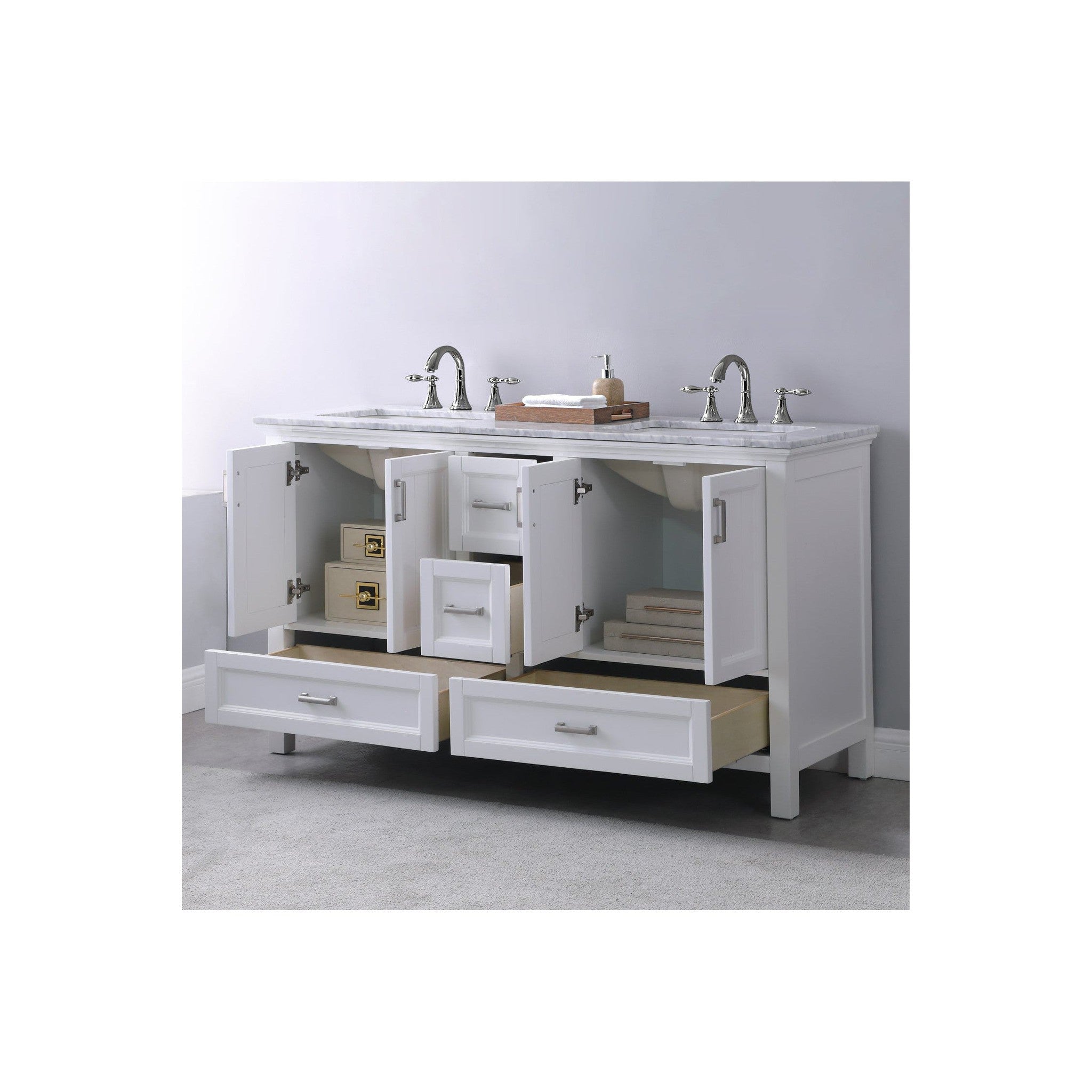 Isla 60" Double Bathroom Vanity Set in White and Carrara White Marble Countertop without Mirror