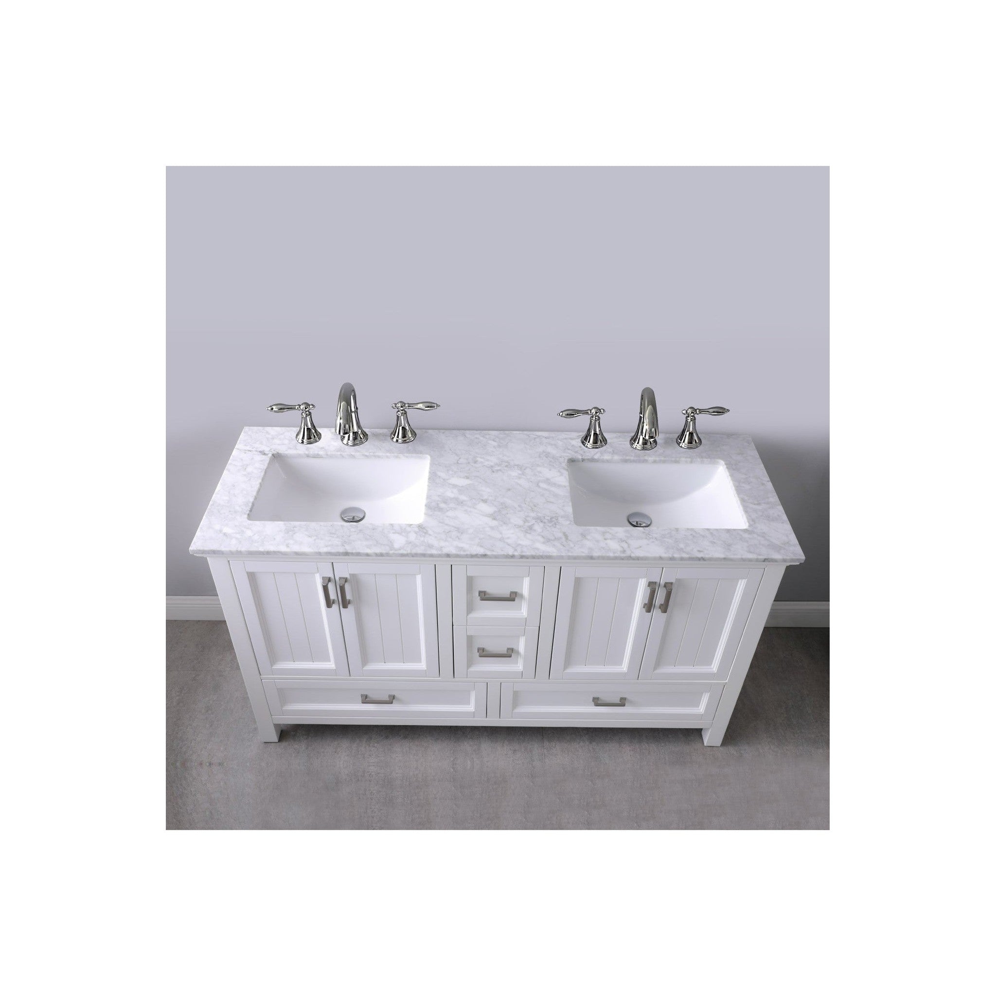 Isla 60" Double Bathroom Vanity Set in White and Carrara White Marble Countertop without Mirror