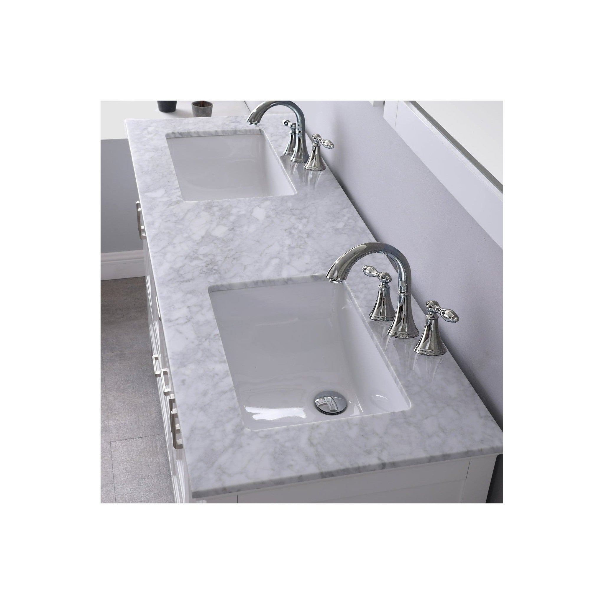 Isla 60" Double Bathroom Vanity Set in White and Carrara White Marble Countertop without Mirror
