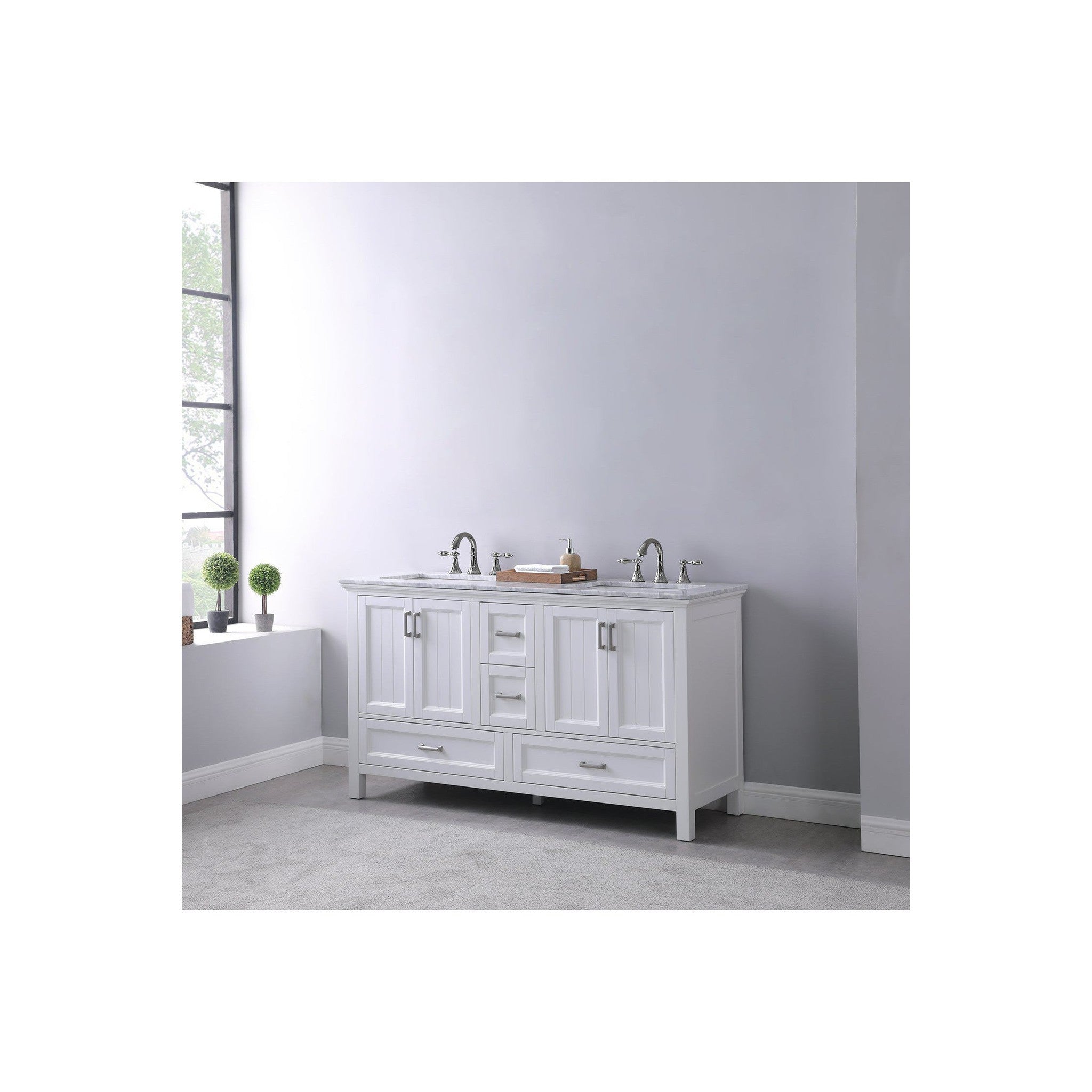 Isla 60" Double Bathroom Vanity Set in White and Carrara White Marble Countertop without Mirror