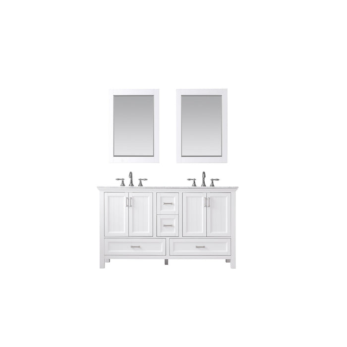 Isla 60" Double Bathroom Vanity Set in White and Carrara White Marble Countertop with Mirror