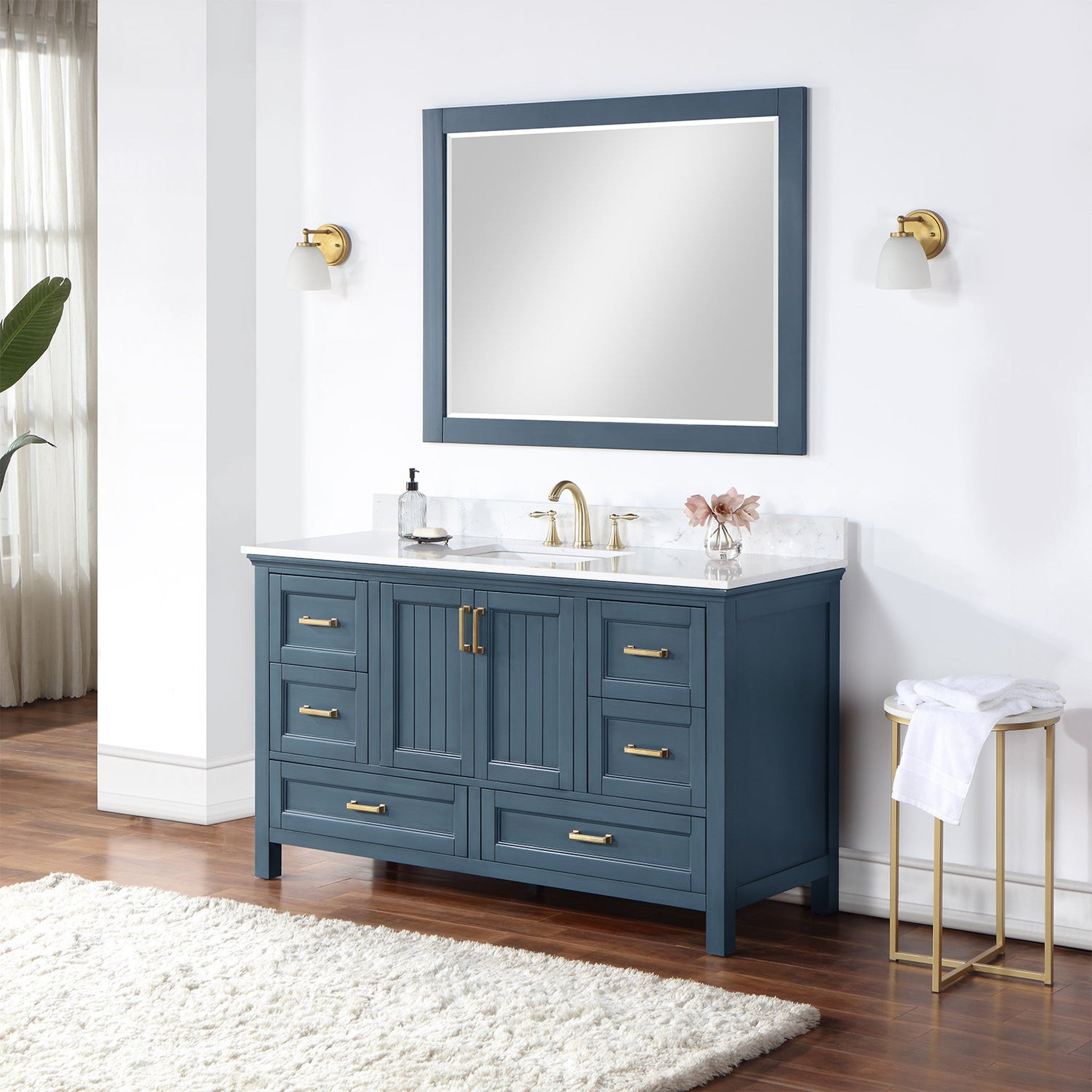 Isla 60" Single Bathroom Vanity Set in Classic Blue and Composite Carrara White Stone Countertop with Mirror