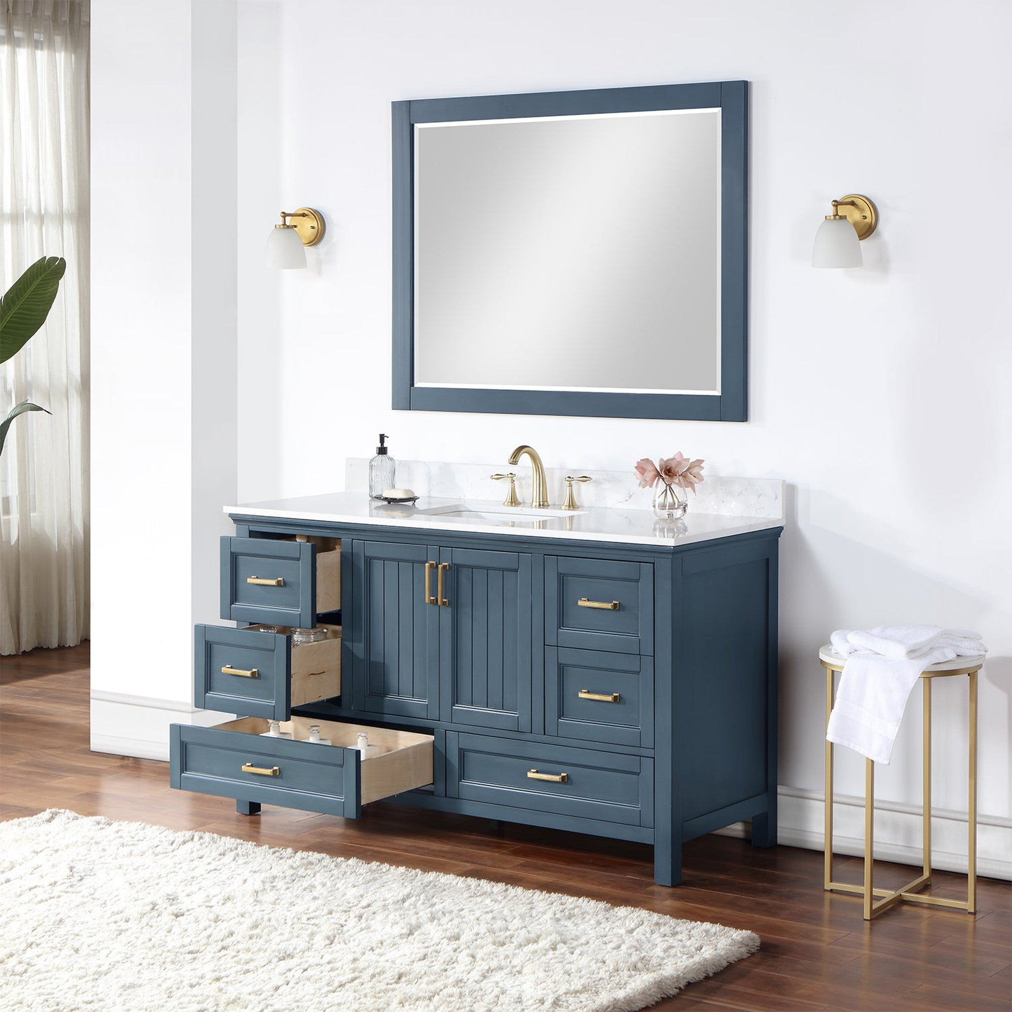 Isla 60" Single Bathroom Vanity Set in Classic Blue and Composite Carrara White Stone Countertop with Mirror