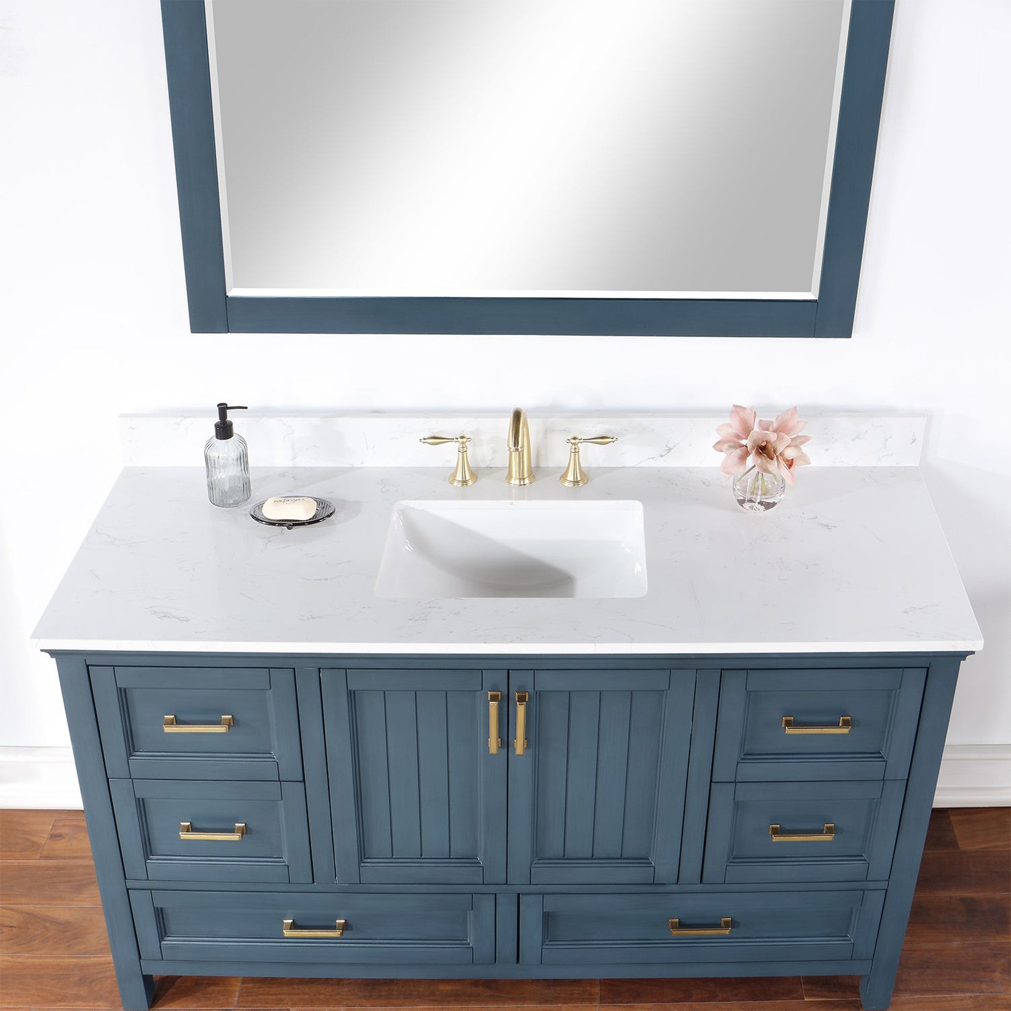 Isla 60" Single Bathroom Vanity Set in Classic Blue and Composite Carrara White Stone Countertop with Mirror