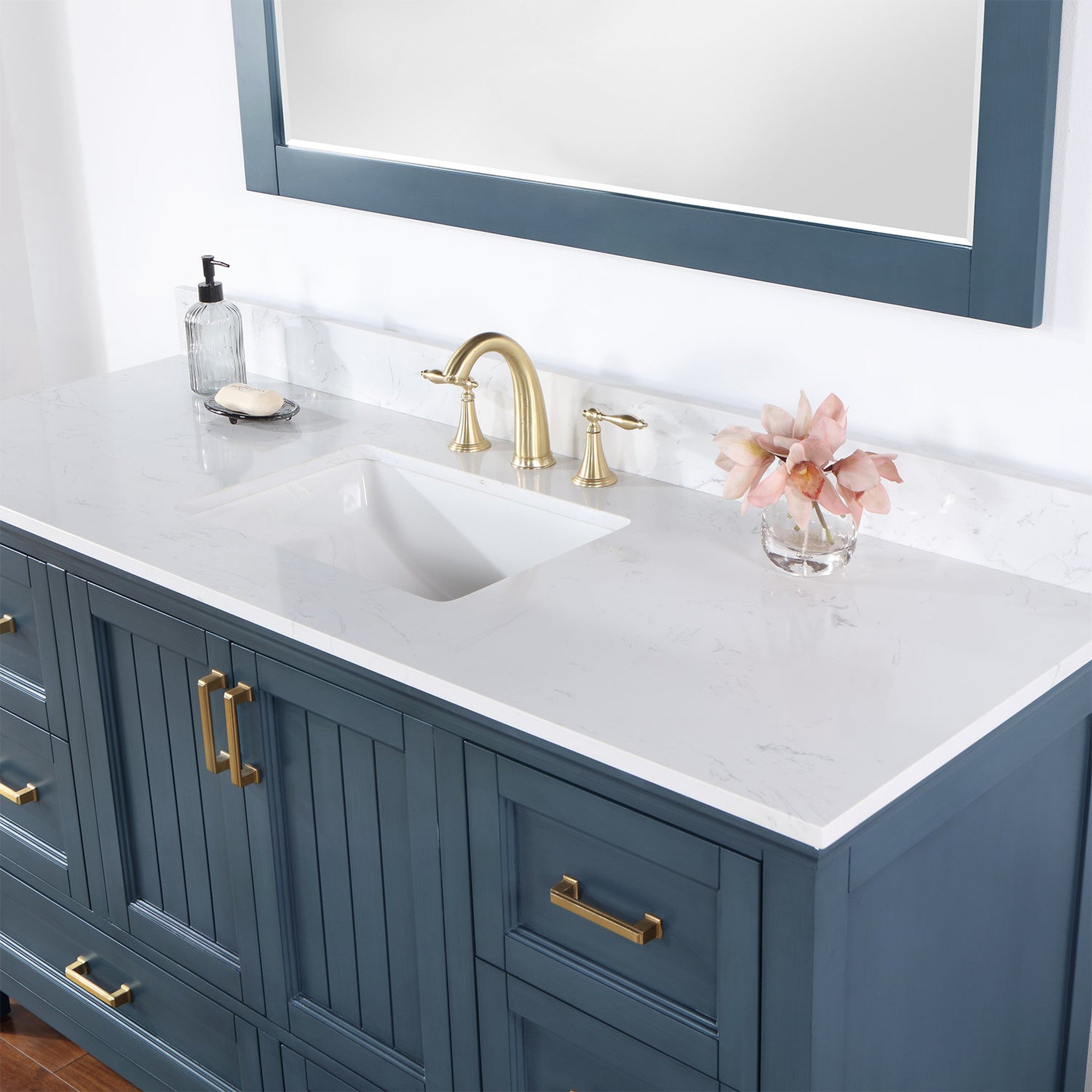 Isla 60" Single Bathroom Vanity Set in Classic Blue and Composite Carrara White Stone Countertop with Mirror