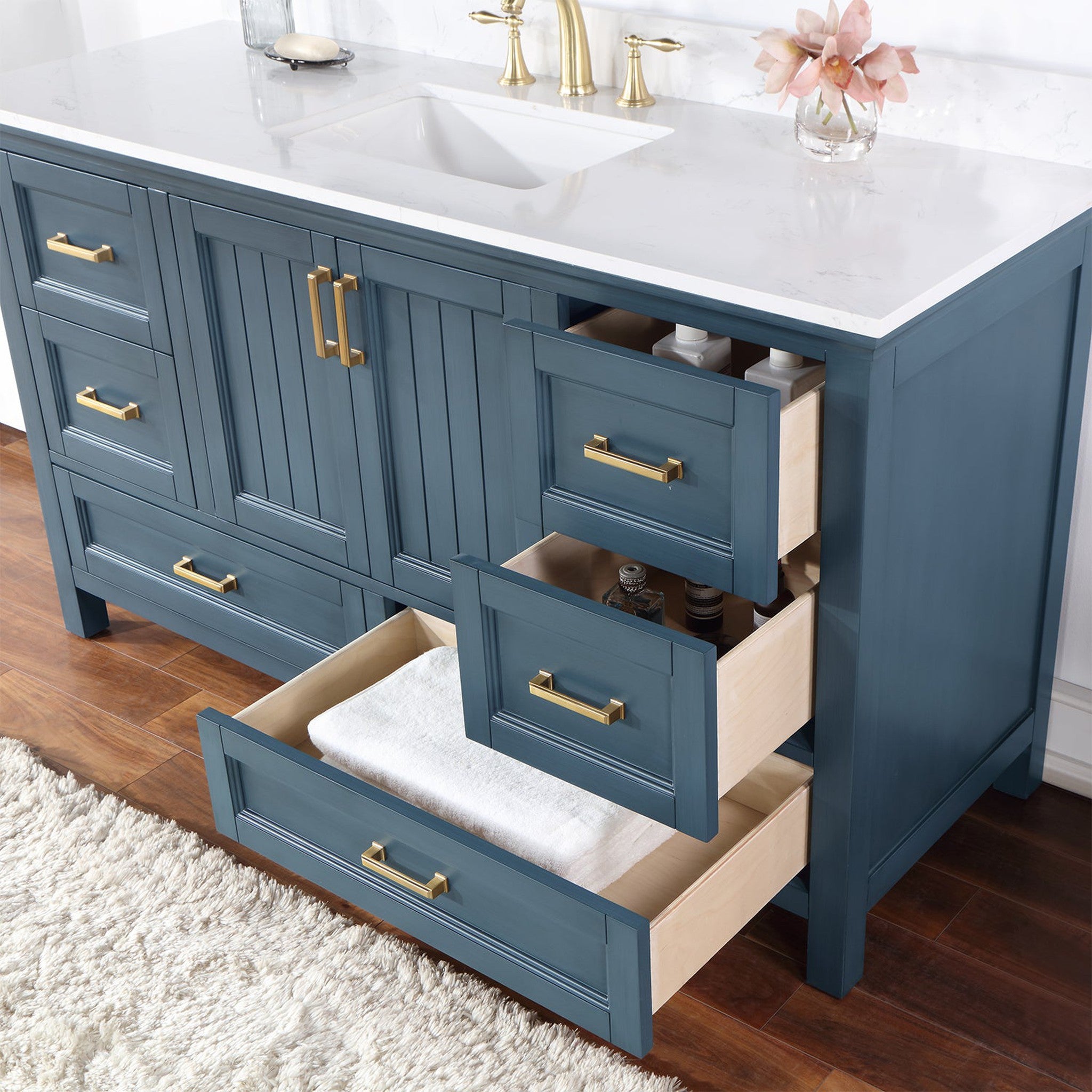 Isla 60" Single Bathroom Vanity Set in Classic Blue and Composite Carrara White Stone Countertop with Mirror