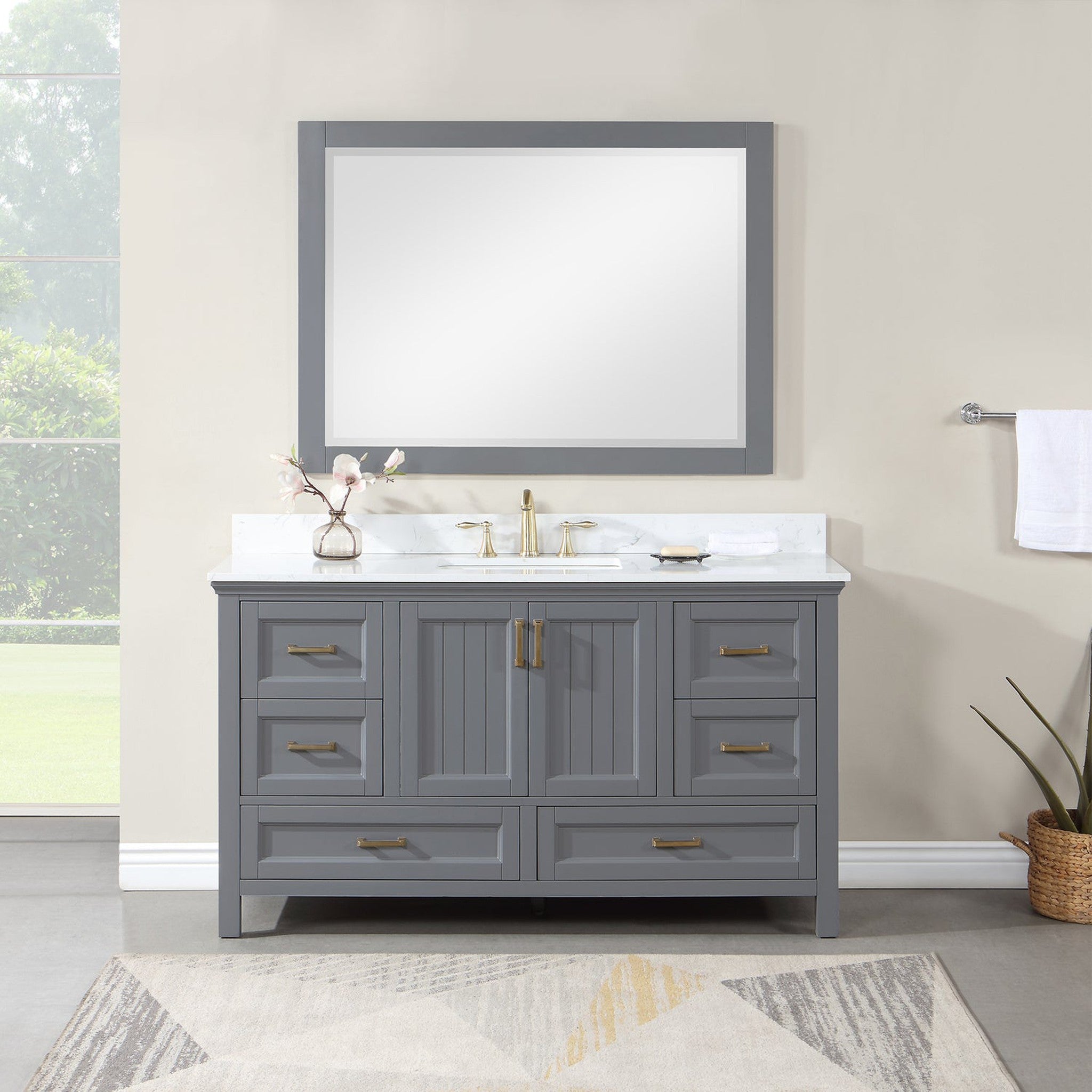 Isla 60" Single Bathroom Vanity Set in Gray and Composite Carrara White Stone Countertop with Mirror