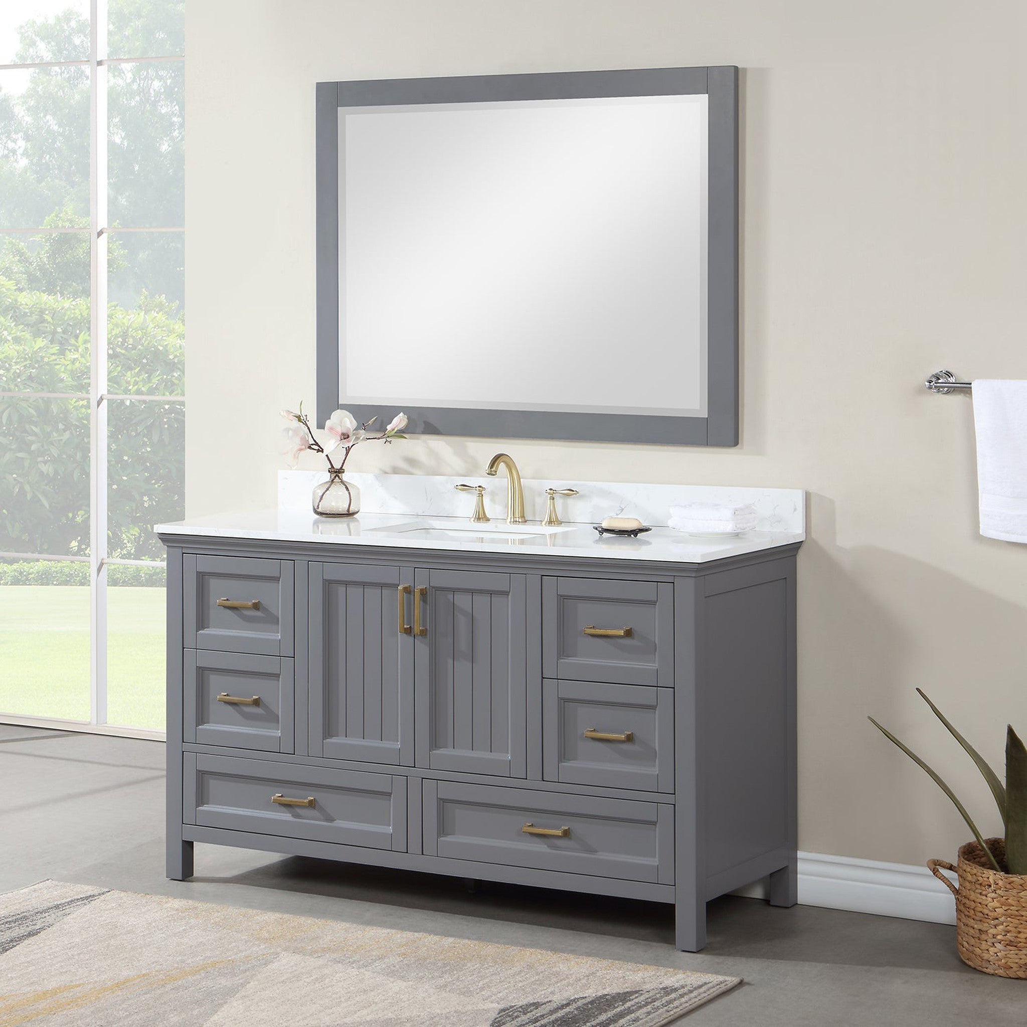 Isla 60" Single Bathroom Vanity Set in Gray and Composite Carrara White Stone Countertop with Mirror