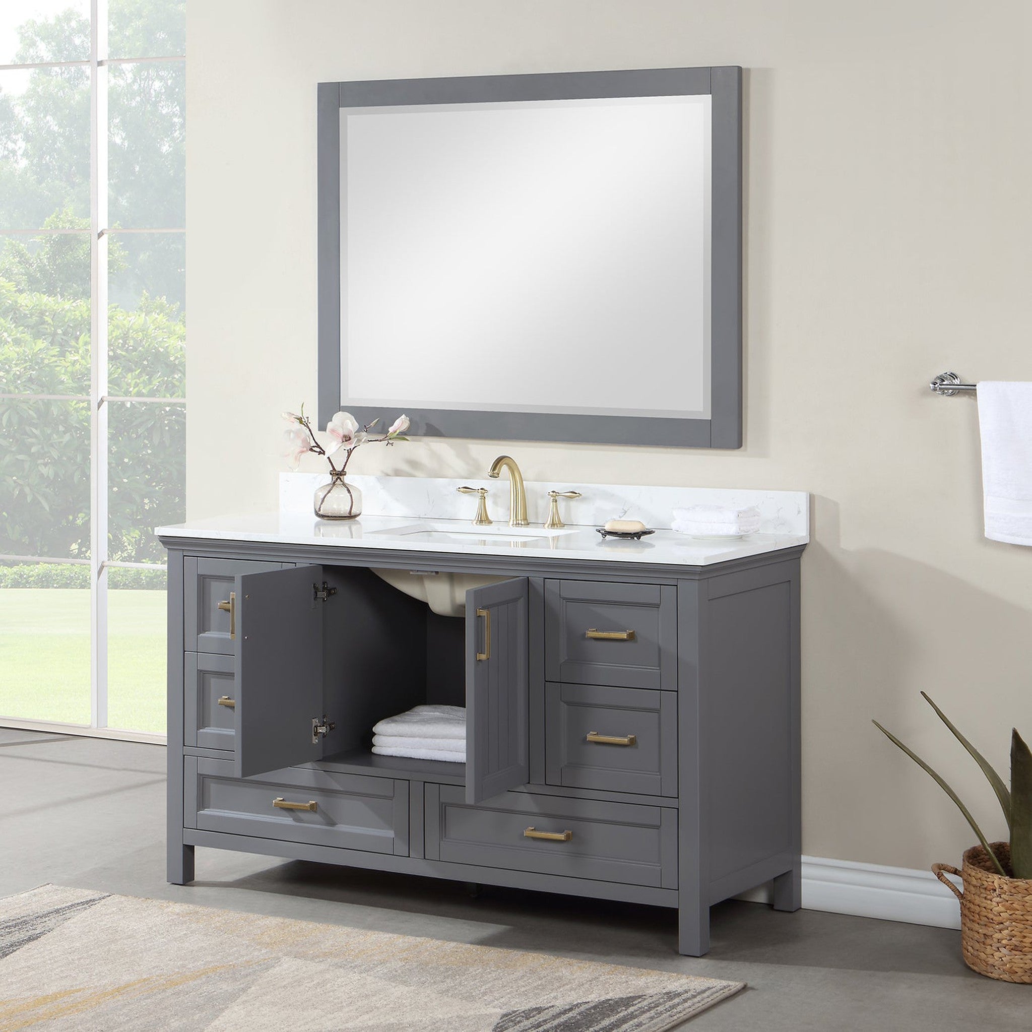 Isla 60" Single Bathroom Vanity Set in Gray and Composite Carrara White Stone Countertop with Mirror