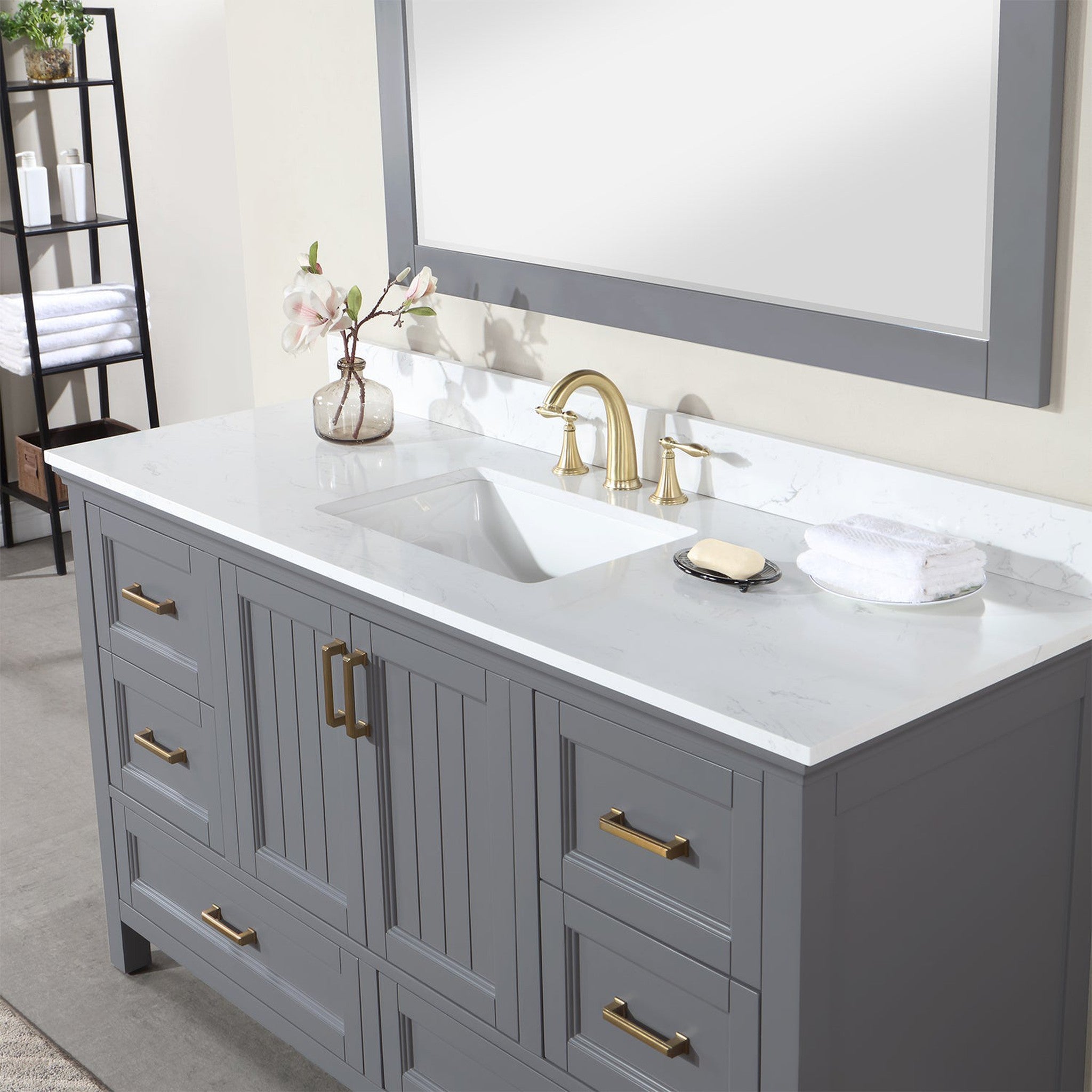 Isla 60" Single Bathroom Vanity Set in Gray and Composite Carrara White Stone Countertop with Mirror