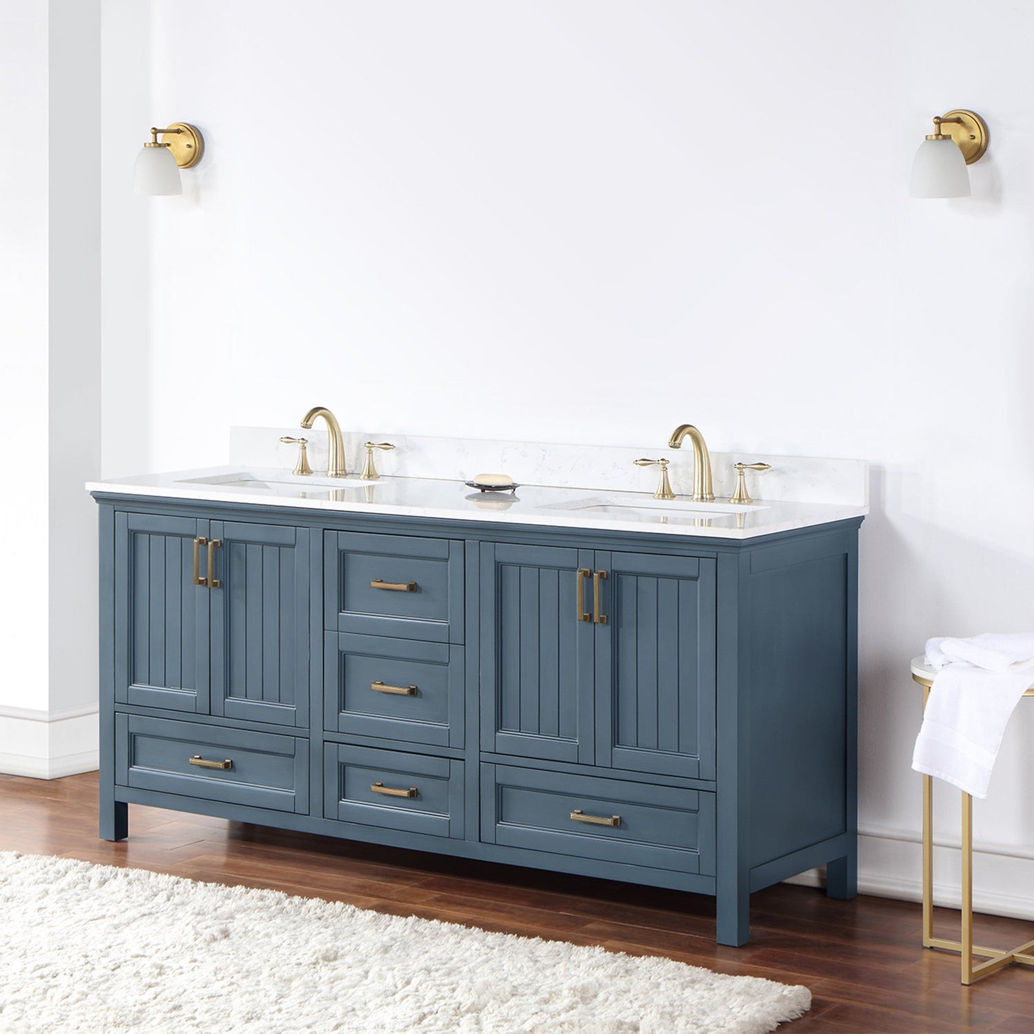 Isla 72" Double Bathroom Vanity Set in Classic Blue and Composite Carrara White Stone Countertop without Mirror