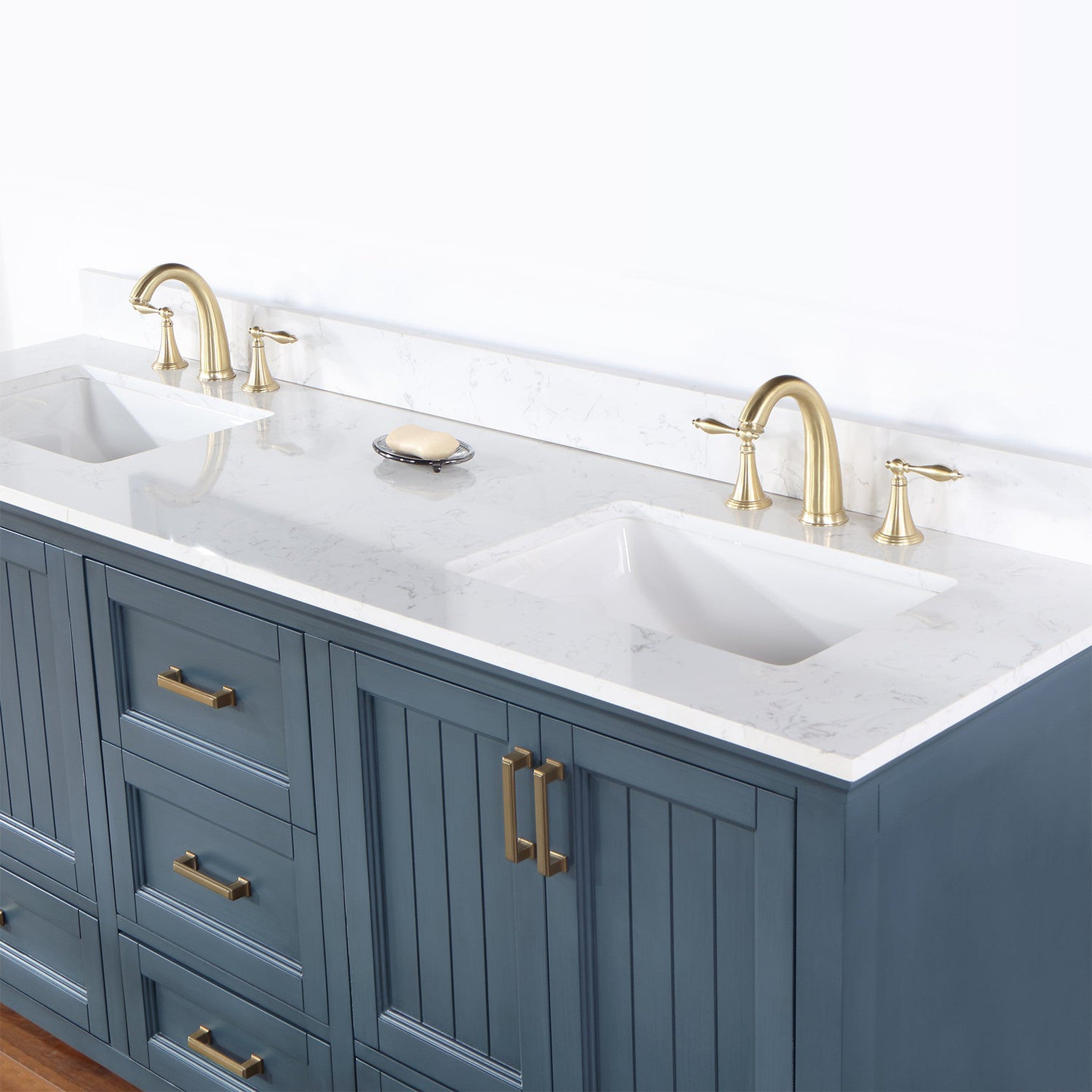 Isla 72" Double Bathroom Vanity Set in Classic Blue and Composite Carrara White Stone Countertop without Mirror