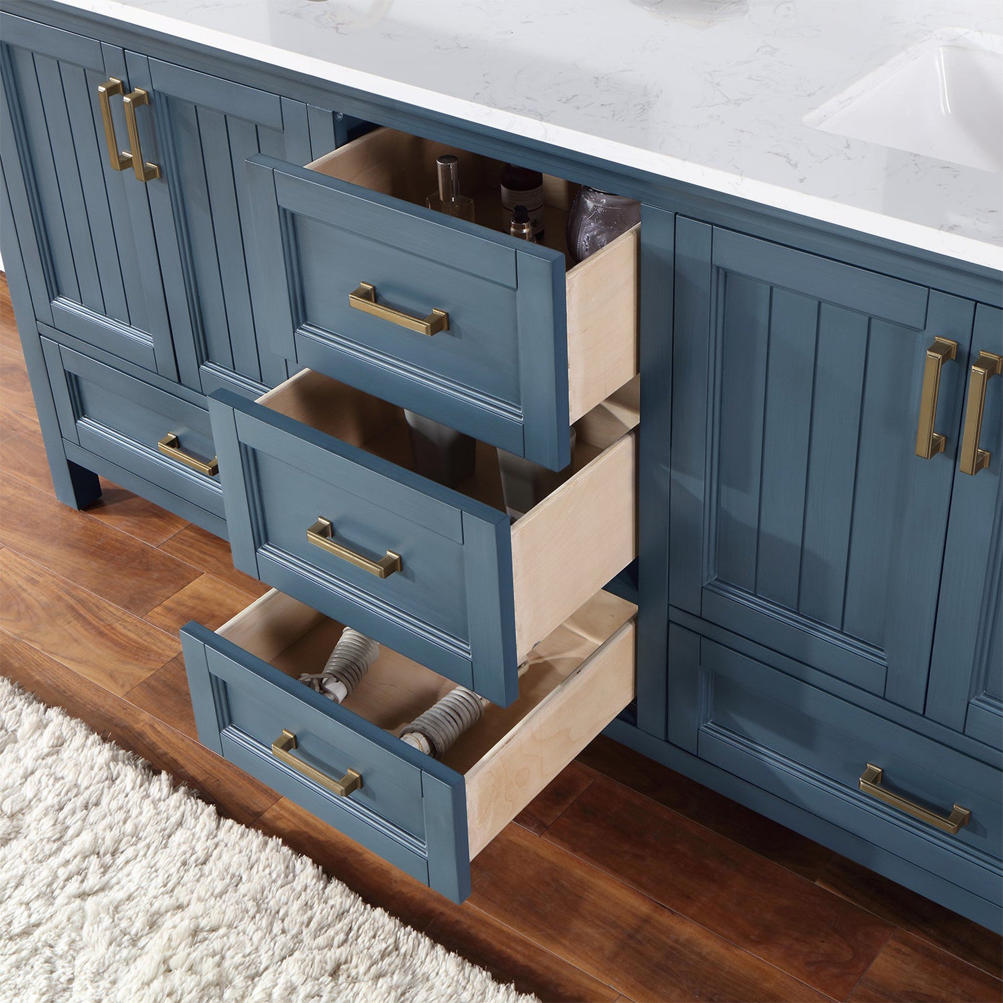 Isla 72" Double Bathroom Vanity Set in Classic Blue and Composite Carrara White Stone Countertop without Mirror