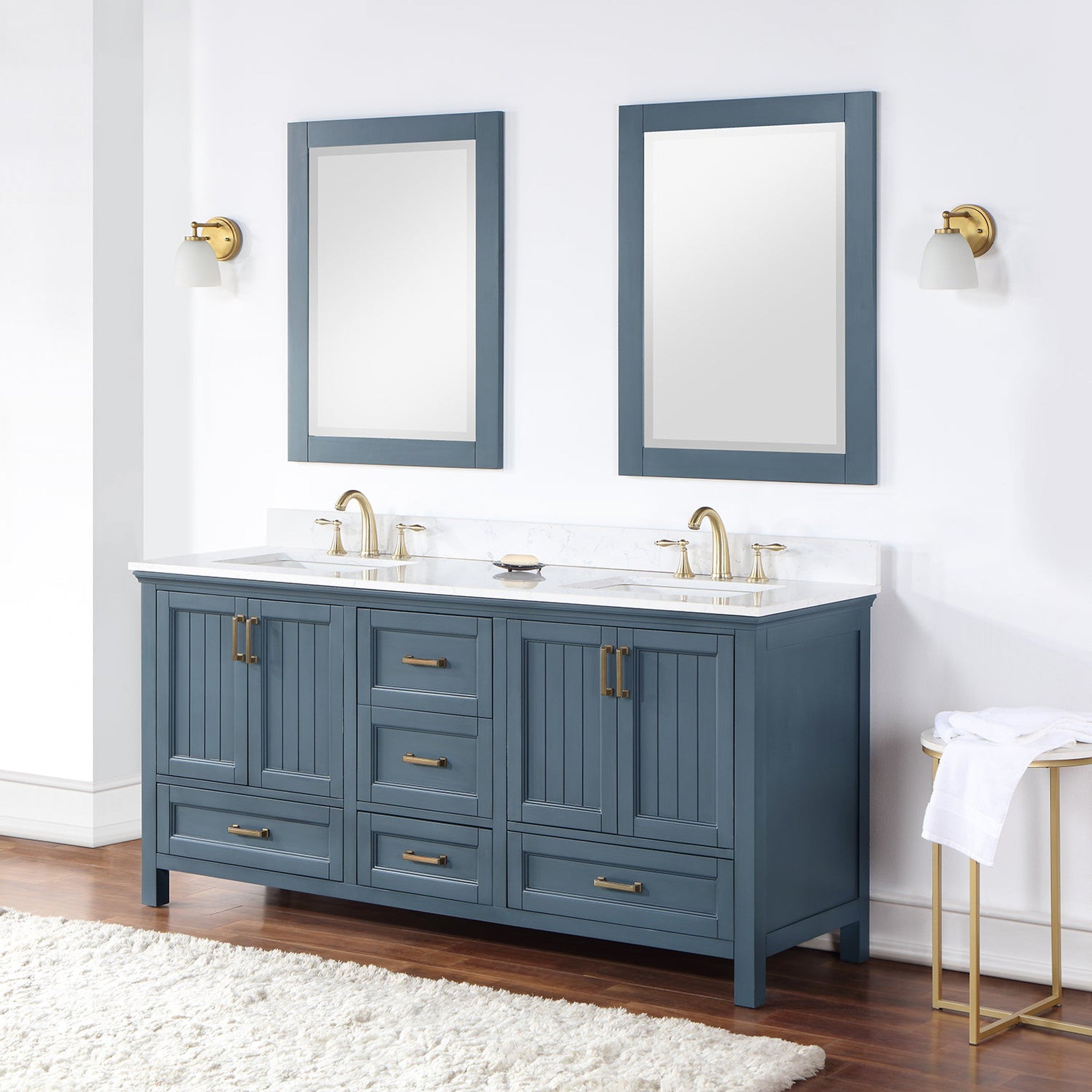 Isla 72" Double Bathroom Vanity Set in Classic Blue and Composite Carrara White Stone Countertop with Mirror