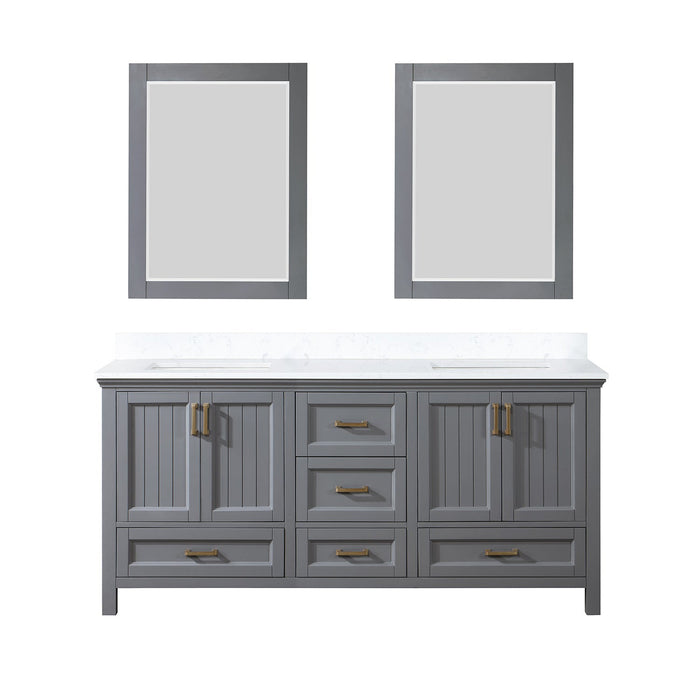 Isla 72" Double Bathroom Vanity Set in Gray and Composite Carrara White Stone Countertop with Mirror