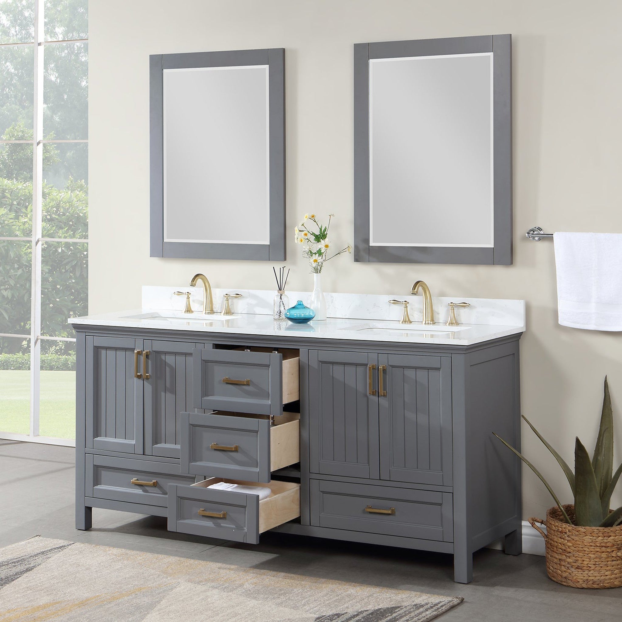 Isla 72" Double Bathroom Vanity Set in Gray and Composite Carrara White Stone Countertop with Mirror