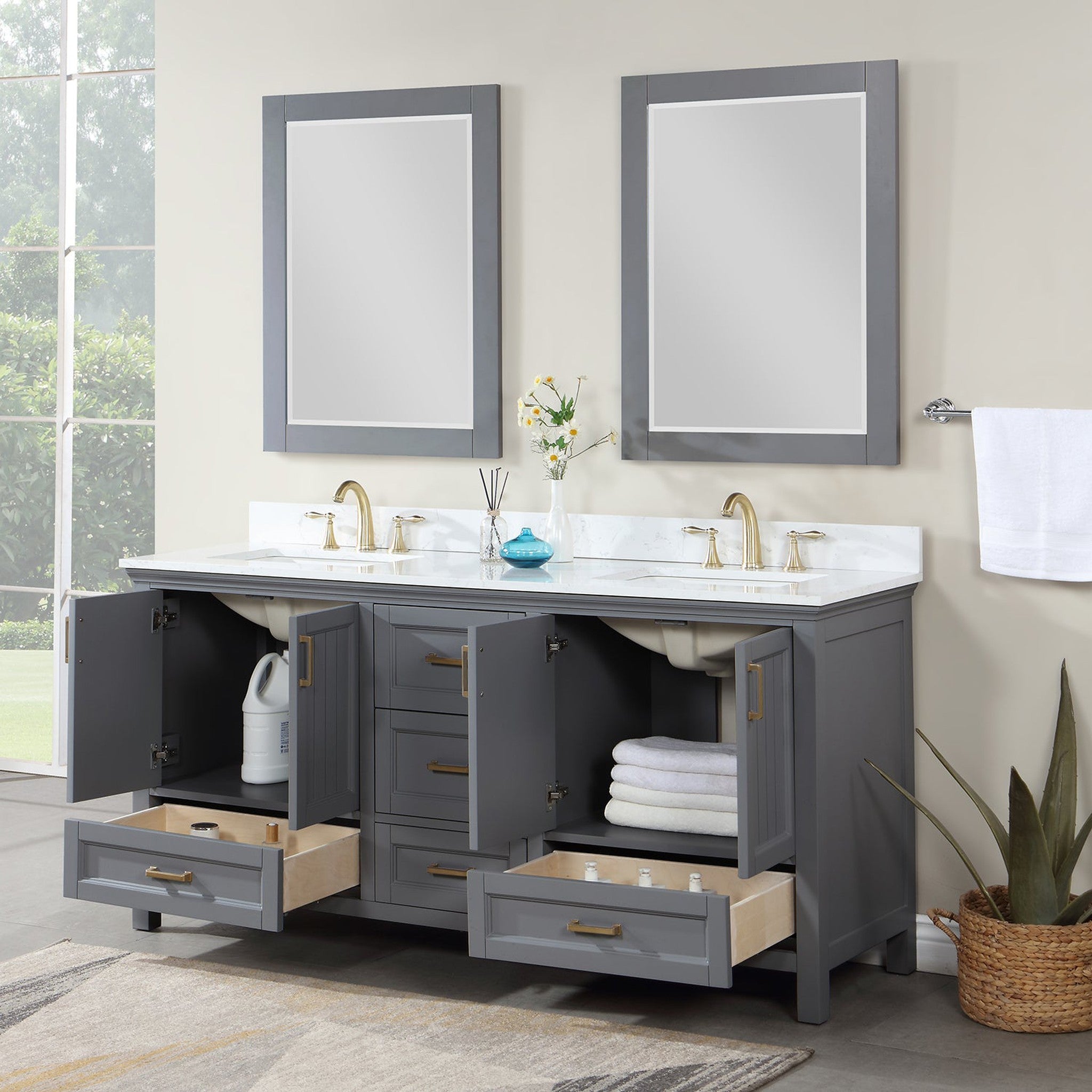 Isla 72" Double Bathroom Vanity Set in Gray and Composite Carrara White Stone Countertop with Mirror