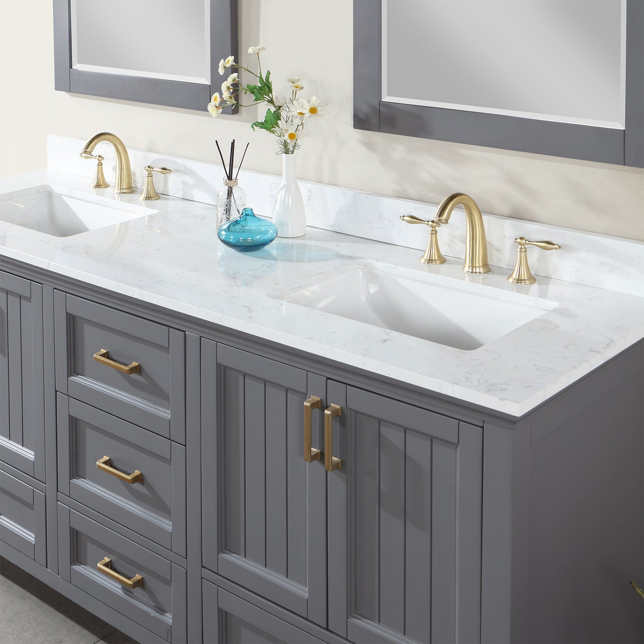 Isla 72" Double Bathroom Vanity Set in Gray and Composite Carrara White Stone Countertop with Mirror