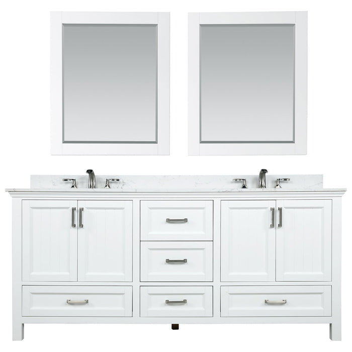 Isla 72" Double Bathroom Vanity Set in White and Carrara White Marble Countertop with Mirror