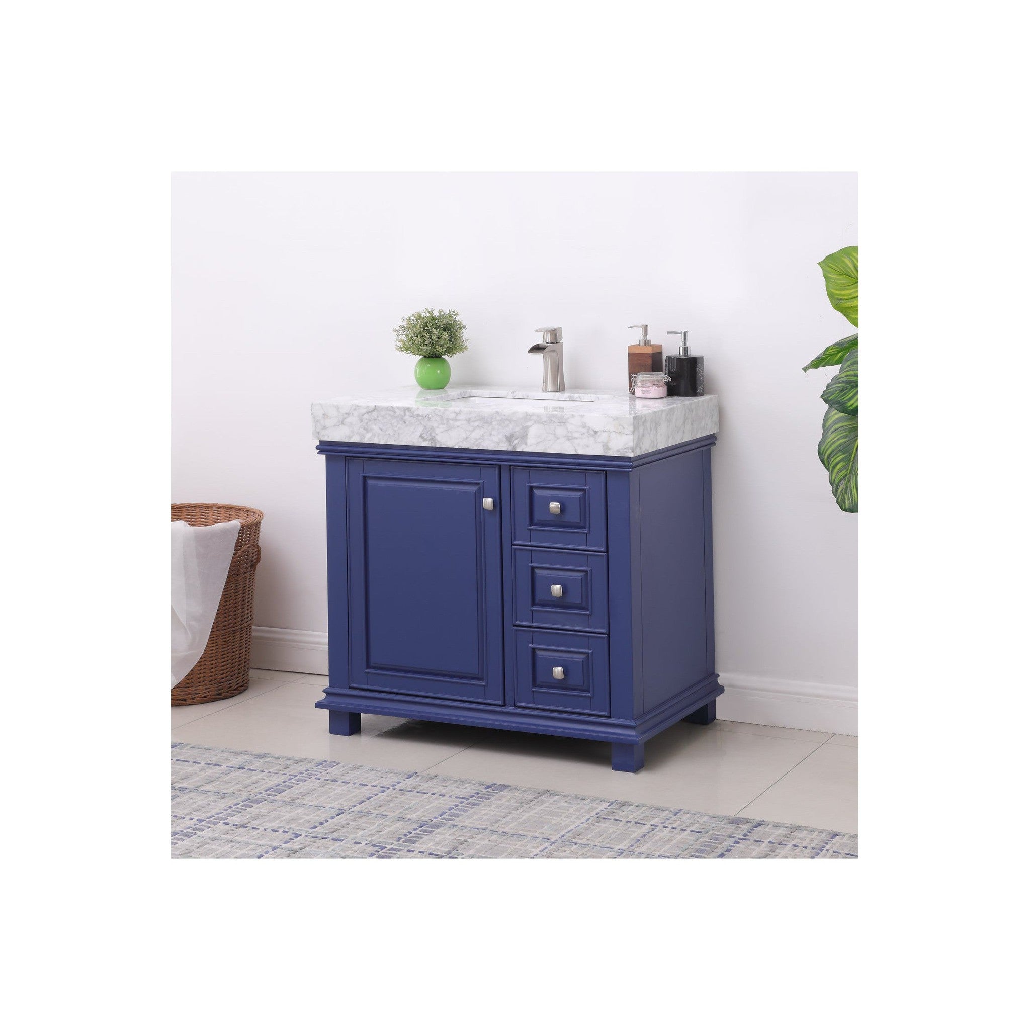 Jardin 36" Single Bathroom Vanity Set in Jewelry Blue and Carrara White Marble Countertop without Mirror